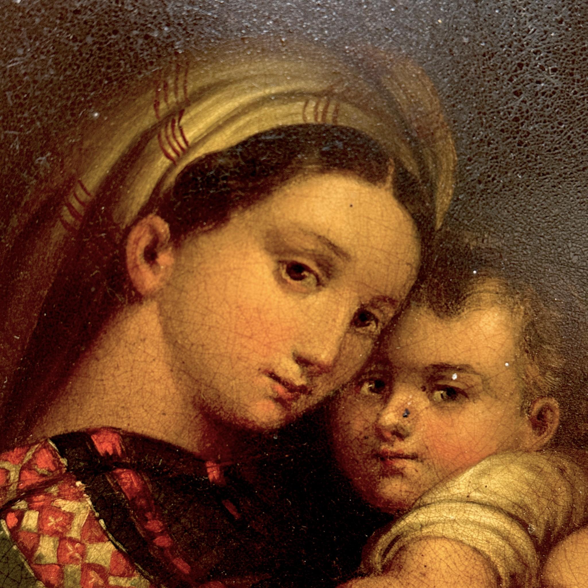 Madonna mit Kind, Öl auf Metall in vergoldetem Rahmen, nach Raphael, 19. (Geölt) im Angebot