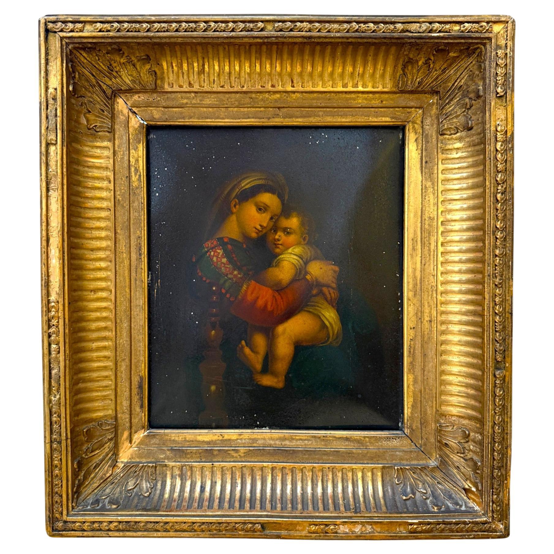 Madonna mit Kind, Öl auf Metall in vergoldetem Rahmen, nach Raphael, 19. im Angebot