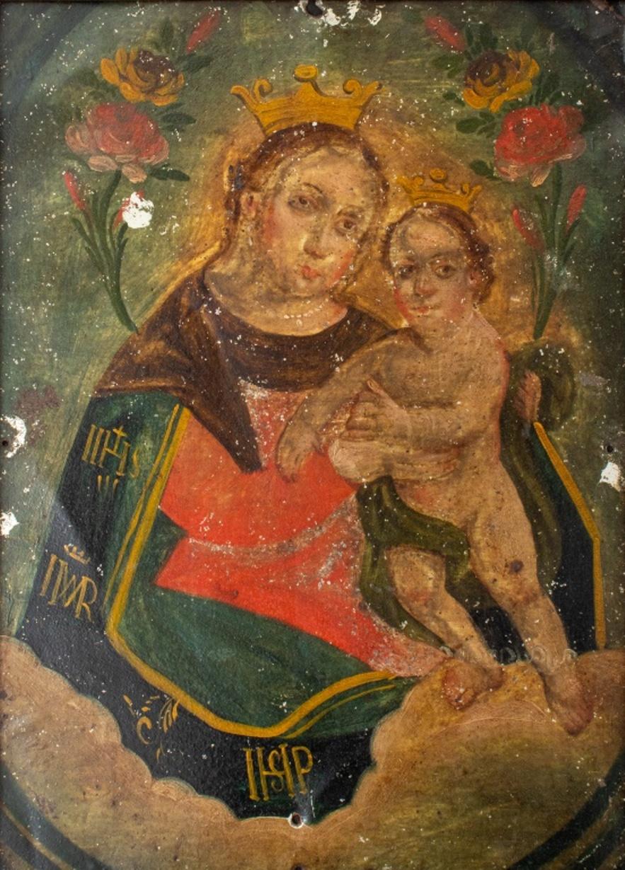 Madonna and Child, oil on tin, 19th C, likely Mexican or Latin American and depicting the Virgin crowned and holding the Christ Child (with holes from previos mounting, now framed). 

Dimensions: Image: 13