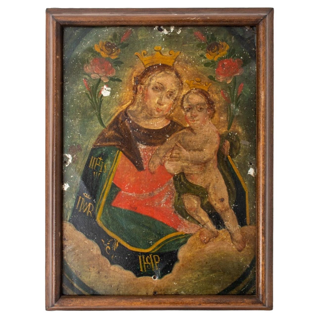 Madonna and Child, Oil on Tin, 19th C For Sale