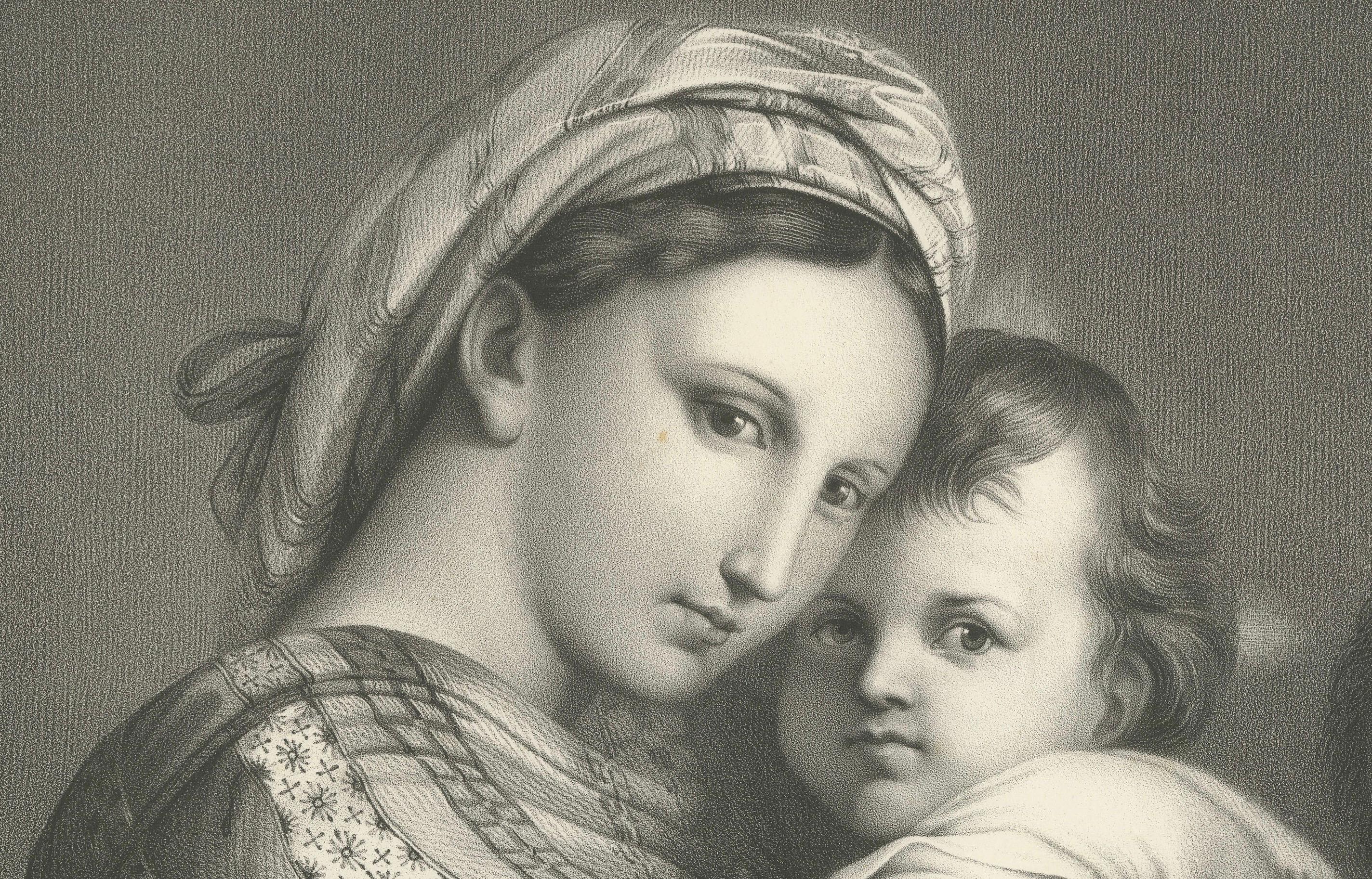 Paper Madonna and Child Print after Raphael – La Vierge à la Chaise, circa 1850 For Sale