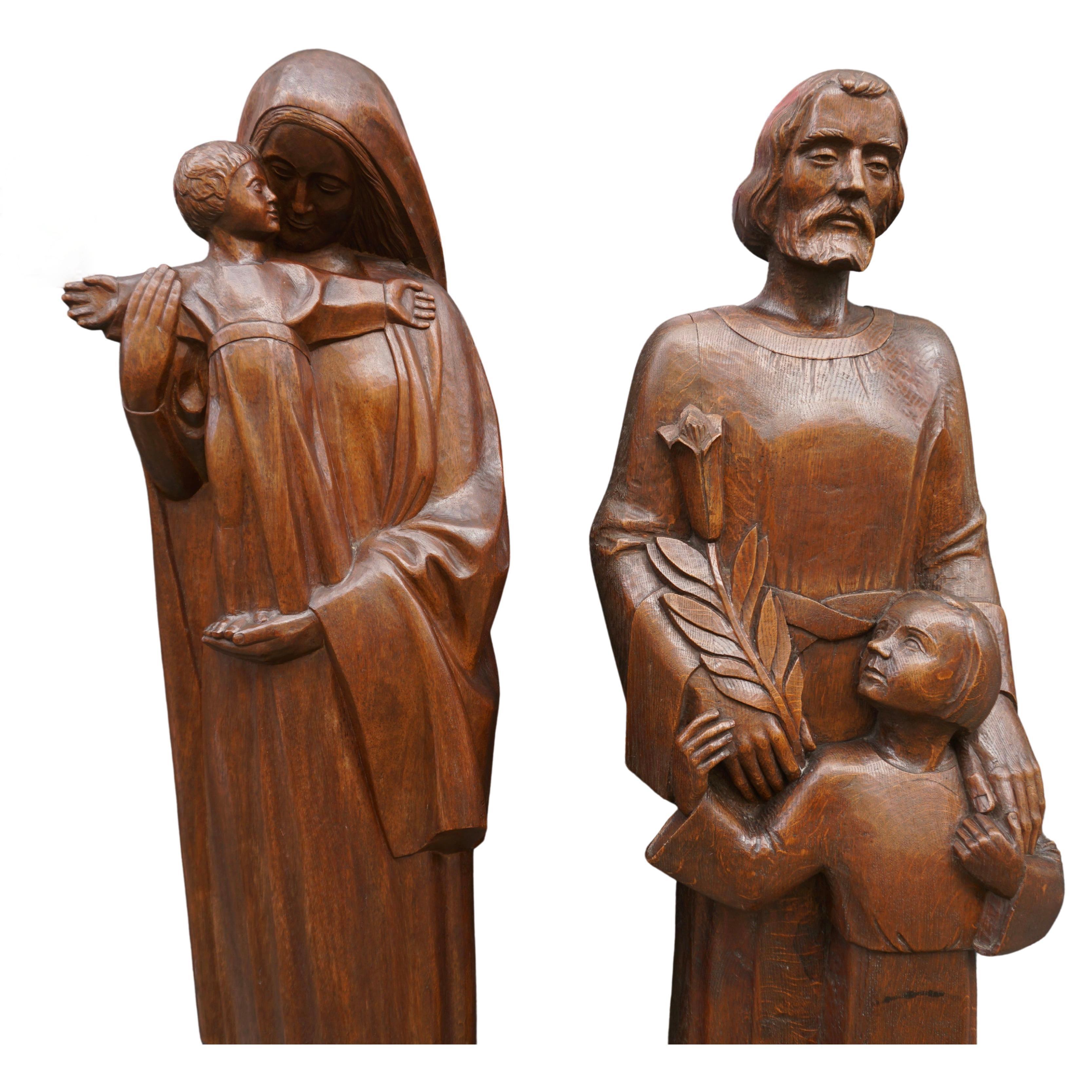 Belgian Madonna and Child Statue and Saint Joseph and Child Sculpture For Sale