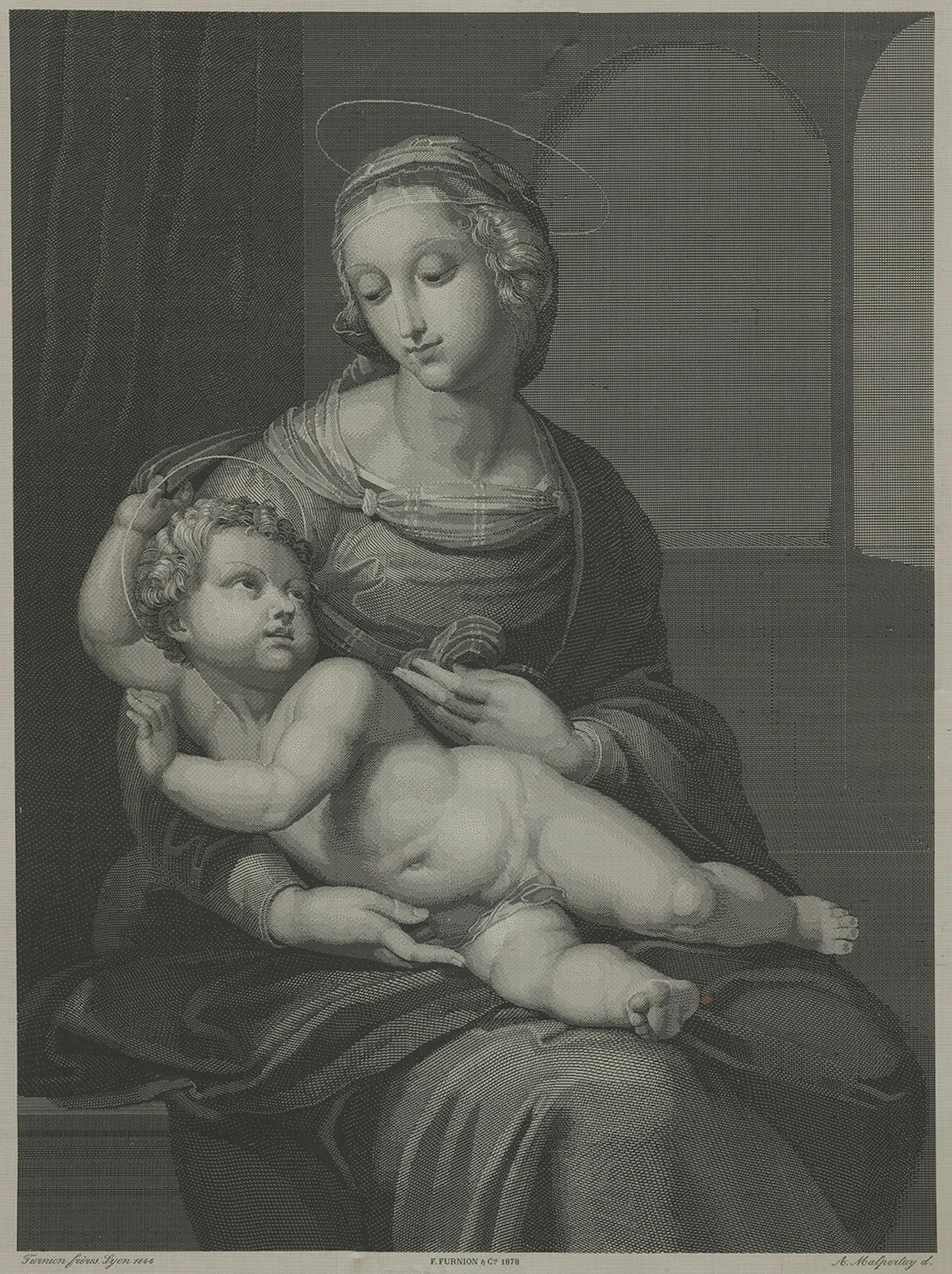 Madonna mit Child - Stippstich von Nargeot nach Raphael, 1878

Dieser raffinierte Stich aus dem 19. Jahrhundert zeigt eine heitere Darstellung der Madonna mit Kind, die mit außergewöhnlicher Zartheit und Ehrfurcht wiedergegeben ist. Das von Achille