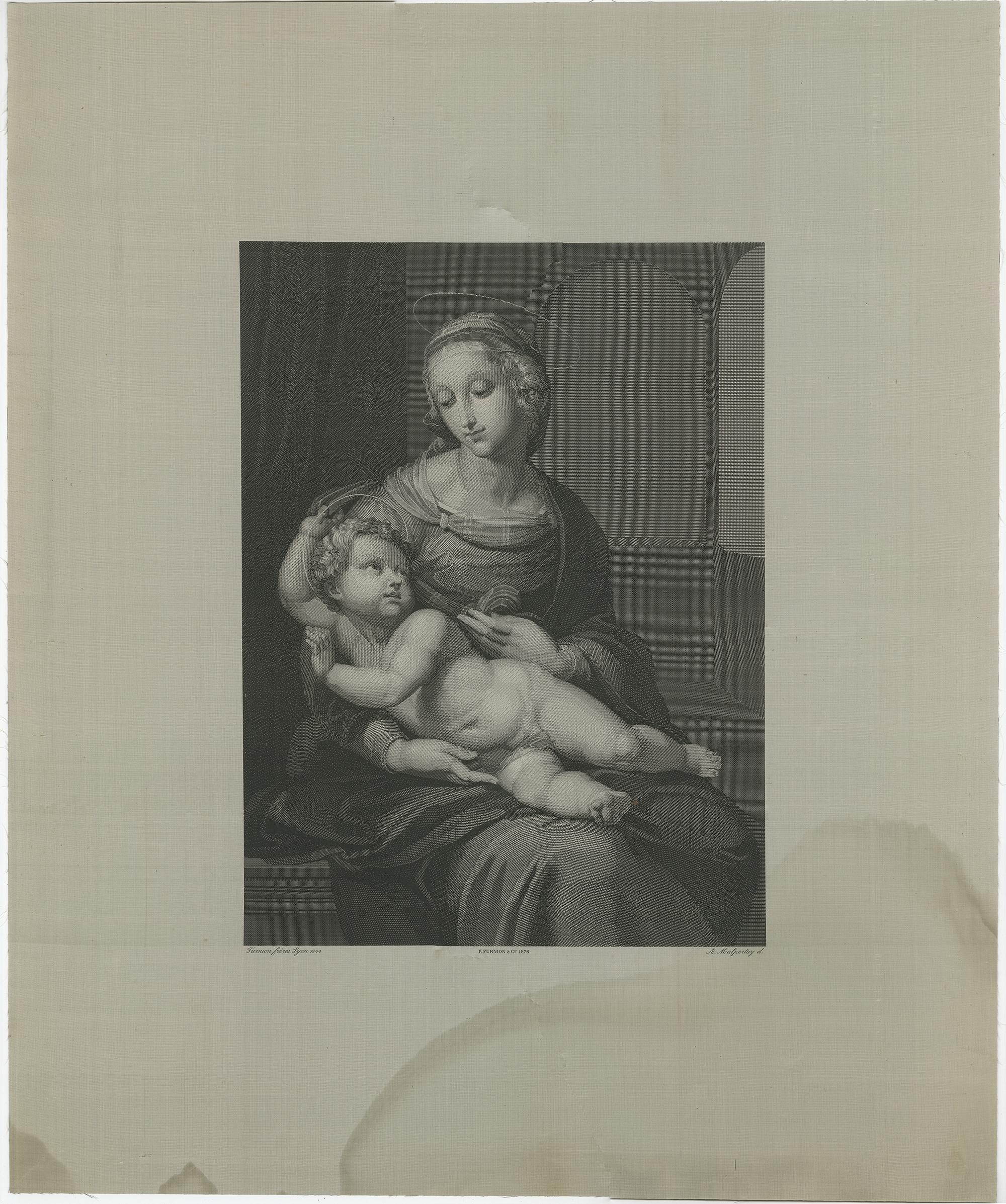 Madonna mit Child - Stippstich von Nargeot nach Raphael, 1878 (Seide) im Angebot