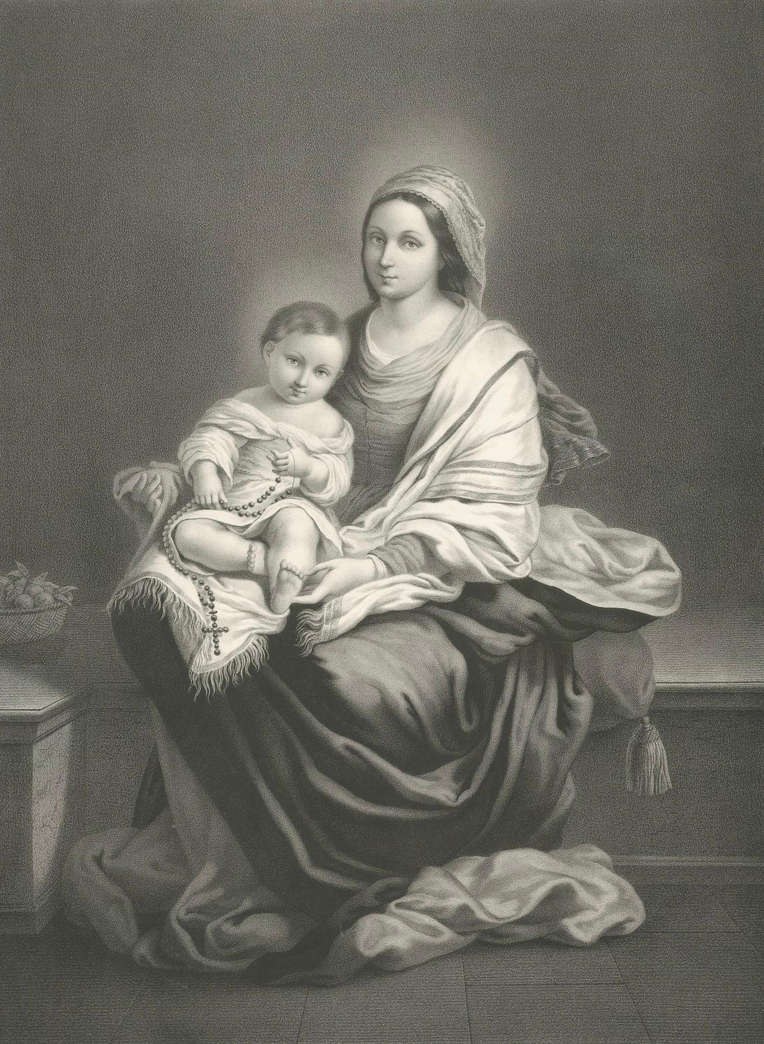 Madonna and Child with Rosary – Antique French Religious Print, c.1850 For Sale 1