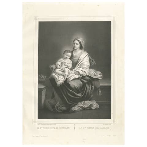 Madonna and Child with Rosary – Antique French Religious Print, c.1850