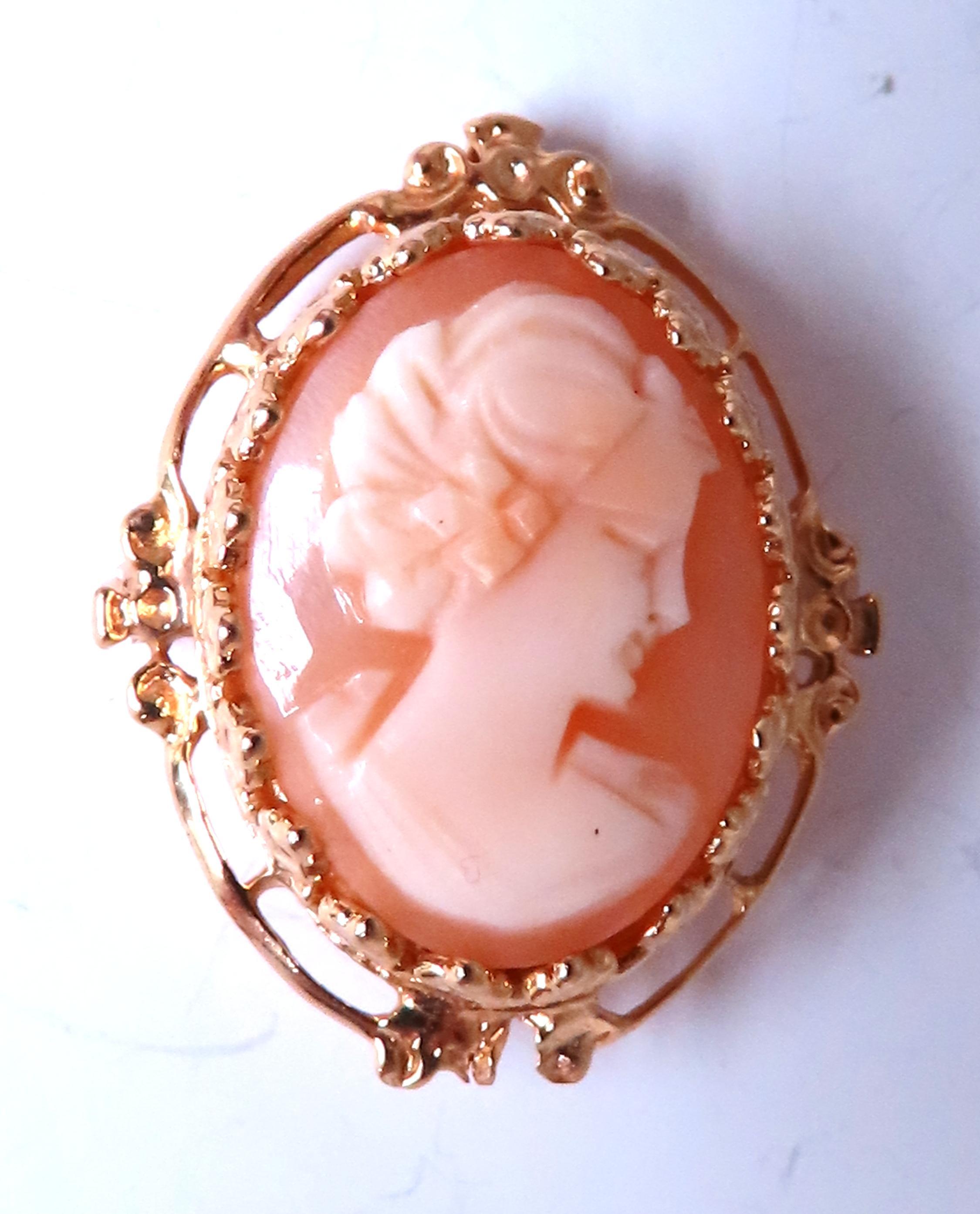 beautiful cameo brooch pendant
17 x 11mm 
overall 25 x 20mm 
14kt yellow gold 
4.6 grams