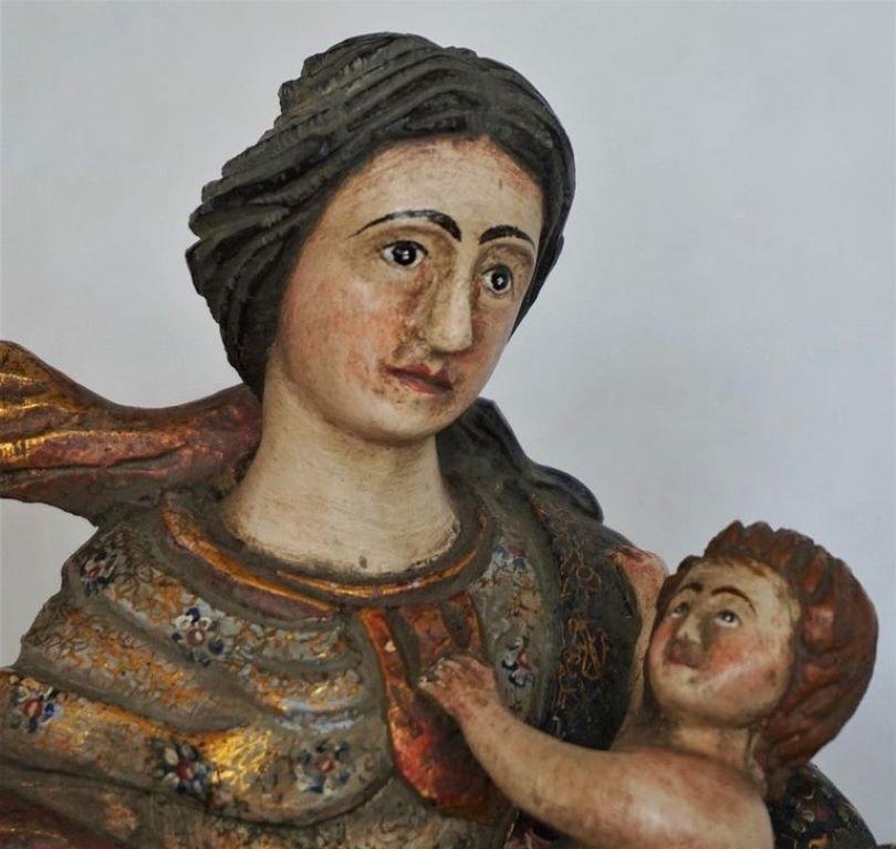 Polychromed Madonna Carved Wood Sculpture Gold Leaf and Polychrome, Spain, Mid-18th Century For Sale