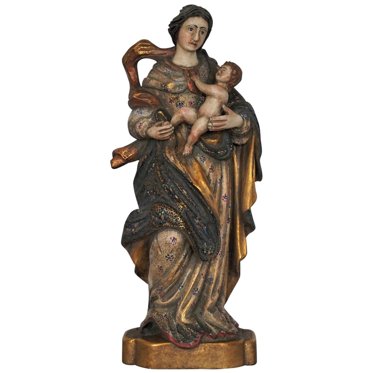 Madonna Carved Wood Sculpture Gold Leaf and Polychrome, Spain Mid-18th Century