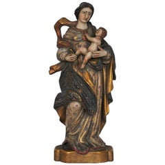 Madonna Carved Wood Sculpture Gold Leaf and Polychrome, Spain Mid-18th Century