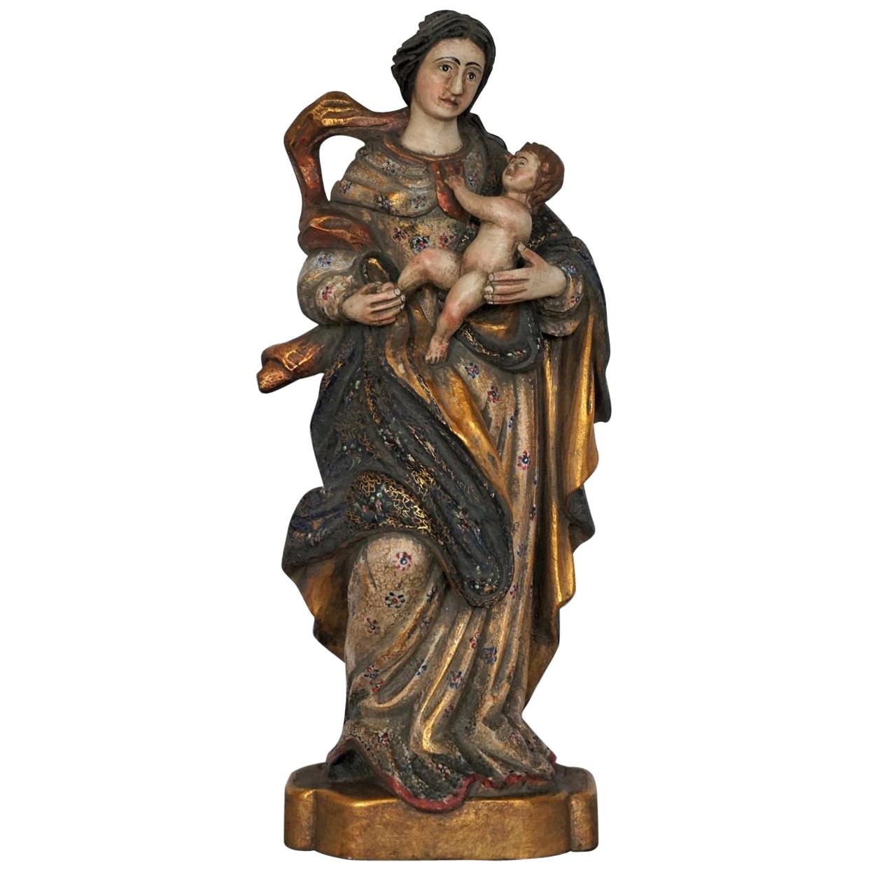 Madonna Carved Wood Sculpture Gold Leaf and Polychrome, Spain, Mid-18th Century