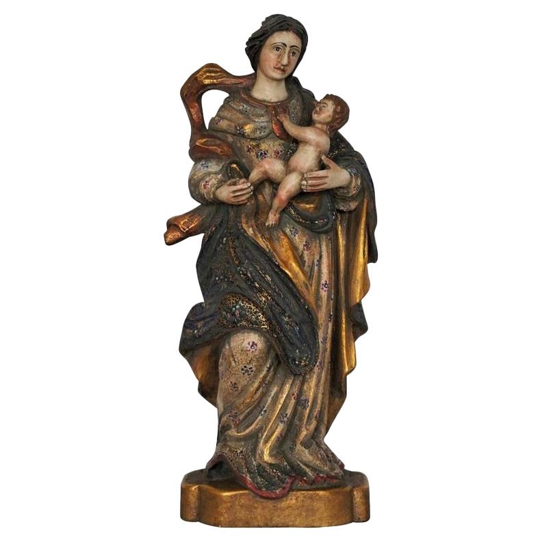 Madonna Carved Wood Sculpture Gold Leaf and Polychrome, Spain, Mid-18th Century