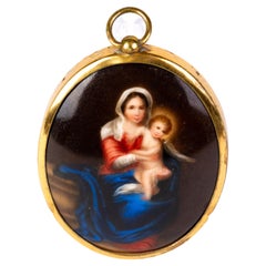Madonna & Child Italian Religious Portrait Miniature on Porcelain 19th Century