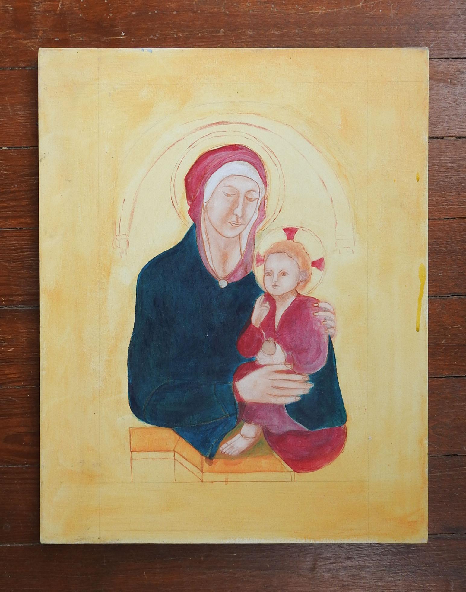 Oil on canvas painting of Madonna and child by Rebecca de leon Almazon (1935-2018) Texas.  Unsigned, from the artists estate, likely unfinished.  Unframed.