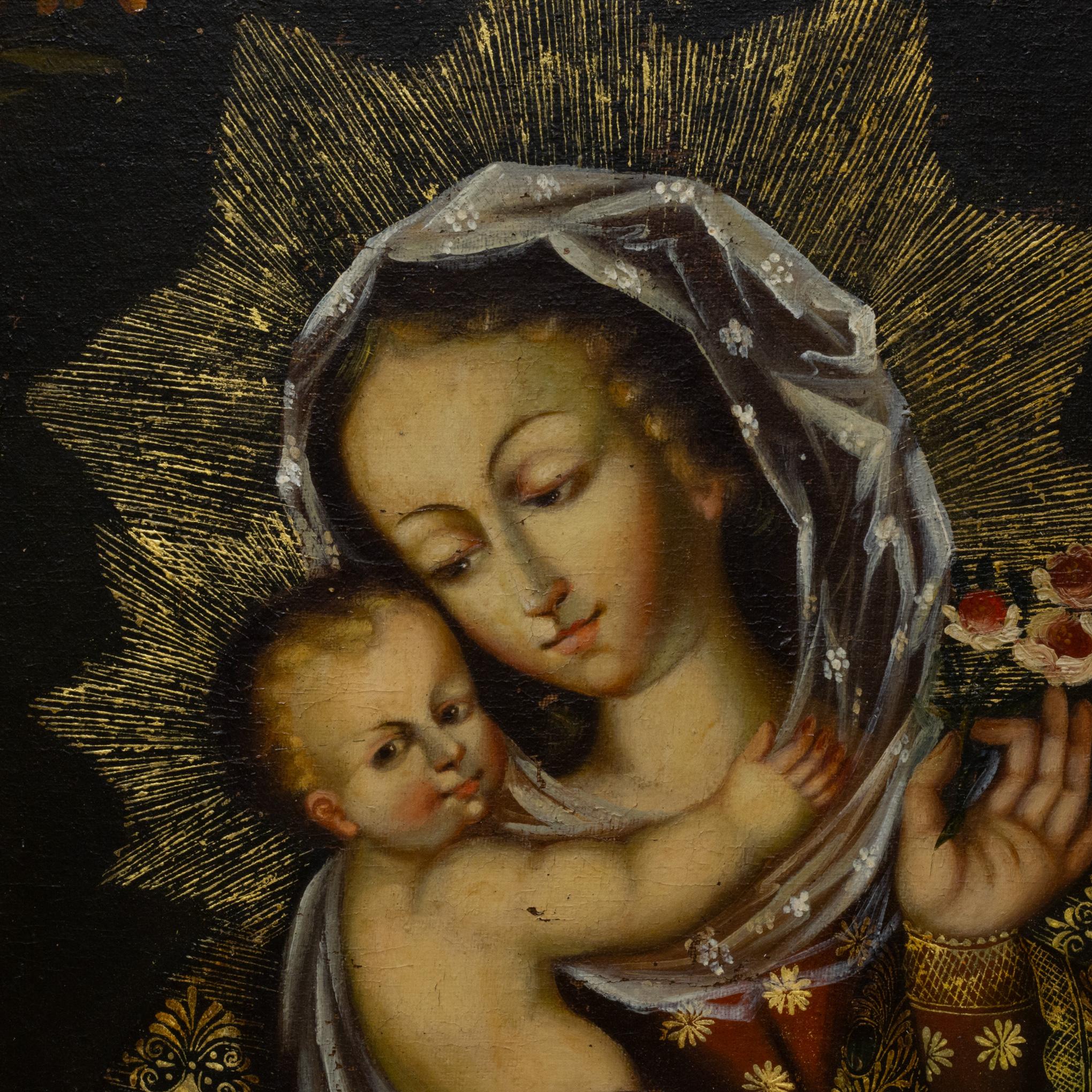 Peruviano Madonna & Child, Perù, Pittura a olio su tela, ante 1970 in vendita