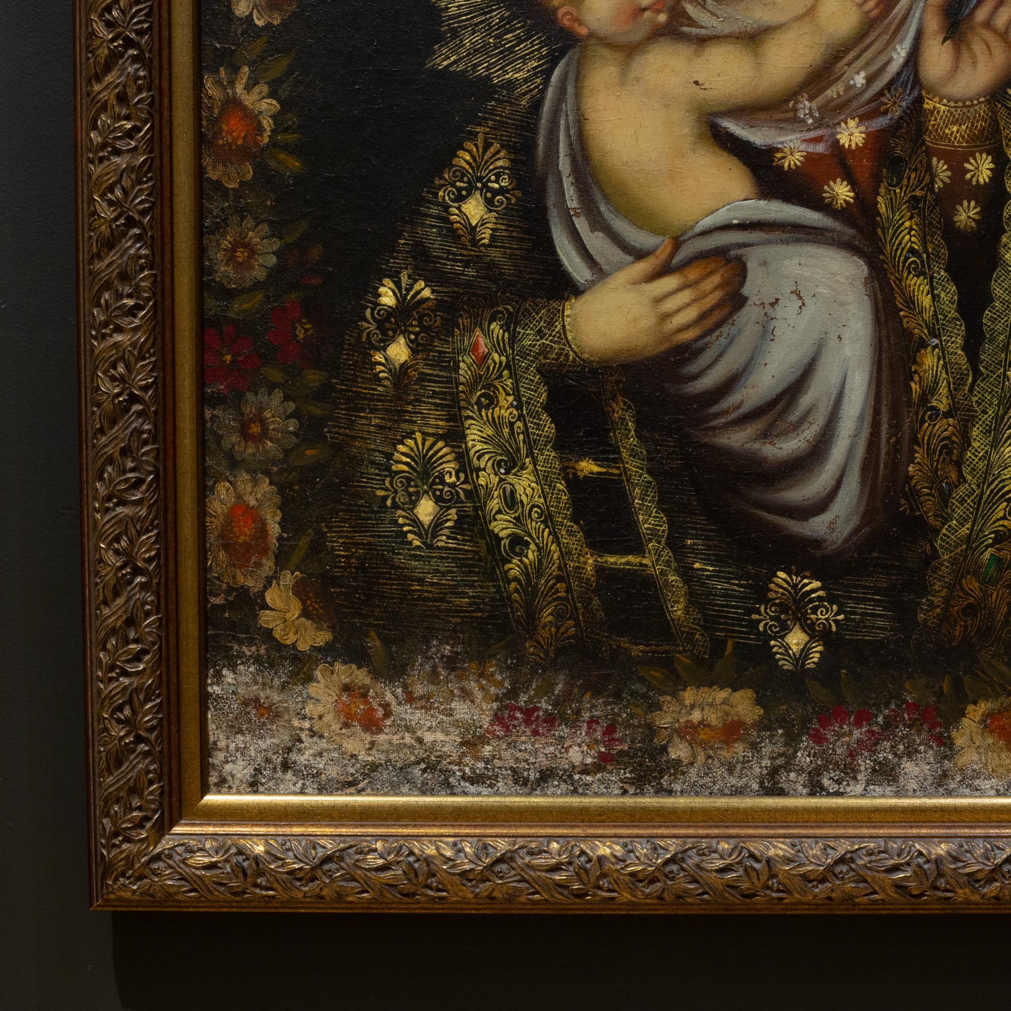 Legno Madonna & Child, Perù, Pittura a olio su tela, ante 1970 in vendita