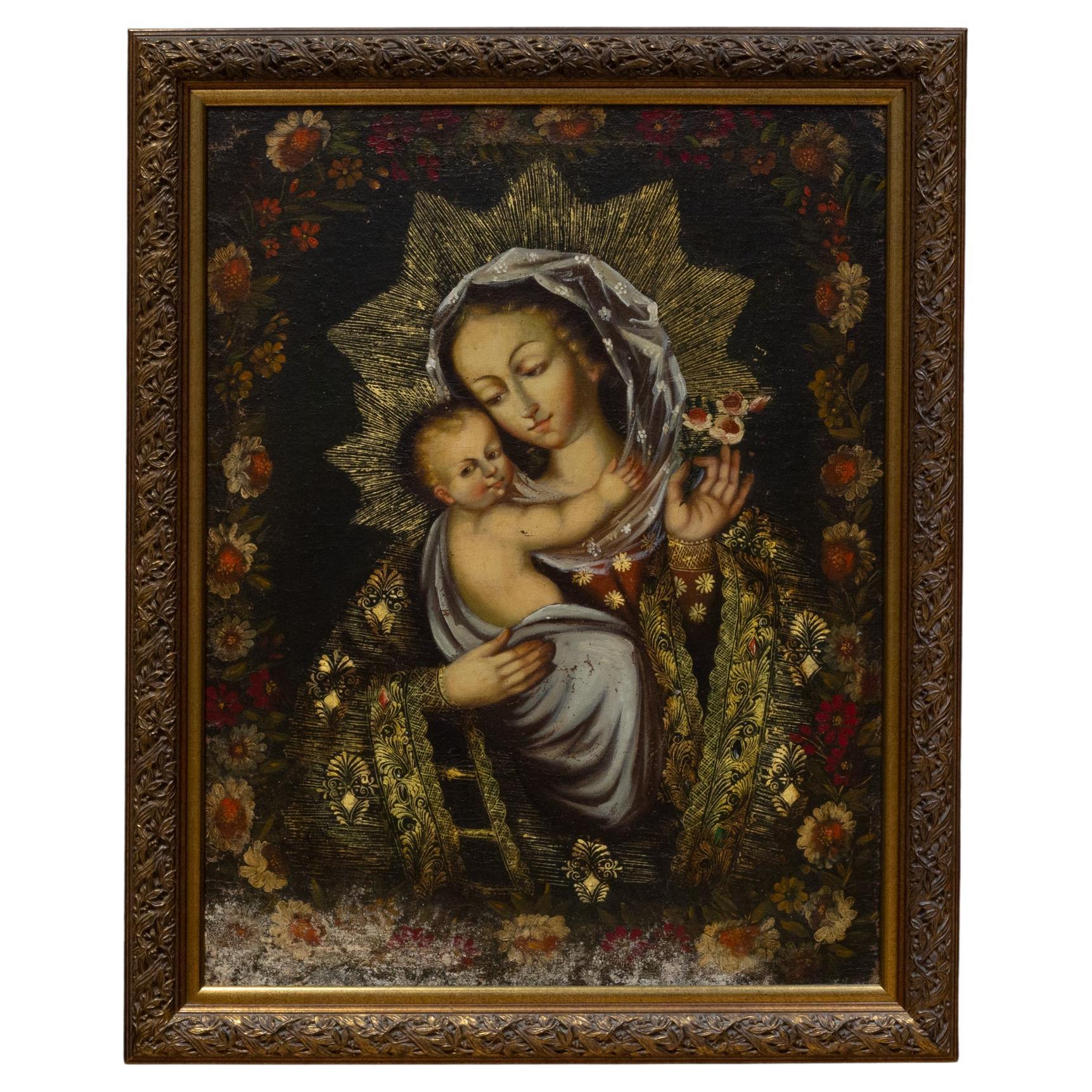 Madonna & Child, Peru, Oil on Canvas Painting, pre 1970