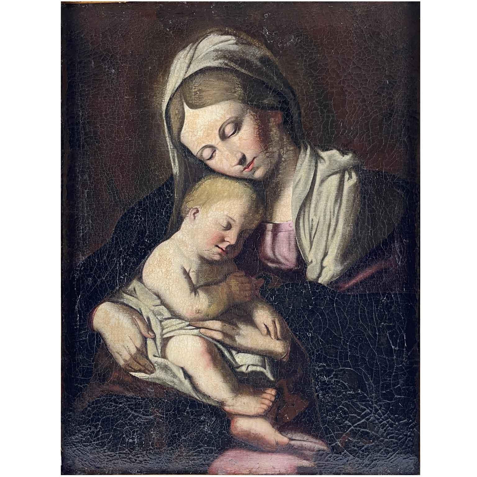 Virgen con el Niño finales del siglo XVII, pintura al óleo sobre lienzo del norte de Italia, en buen estado, en un marco de nogal, de una colección privada de Milán.  La obra representa a la Virgen sosteniendo al Niño dormido en su regazo,