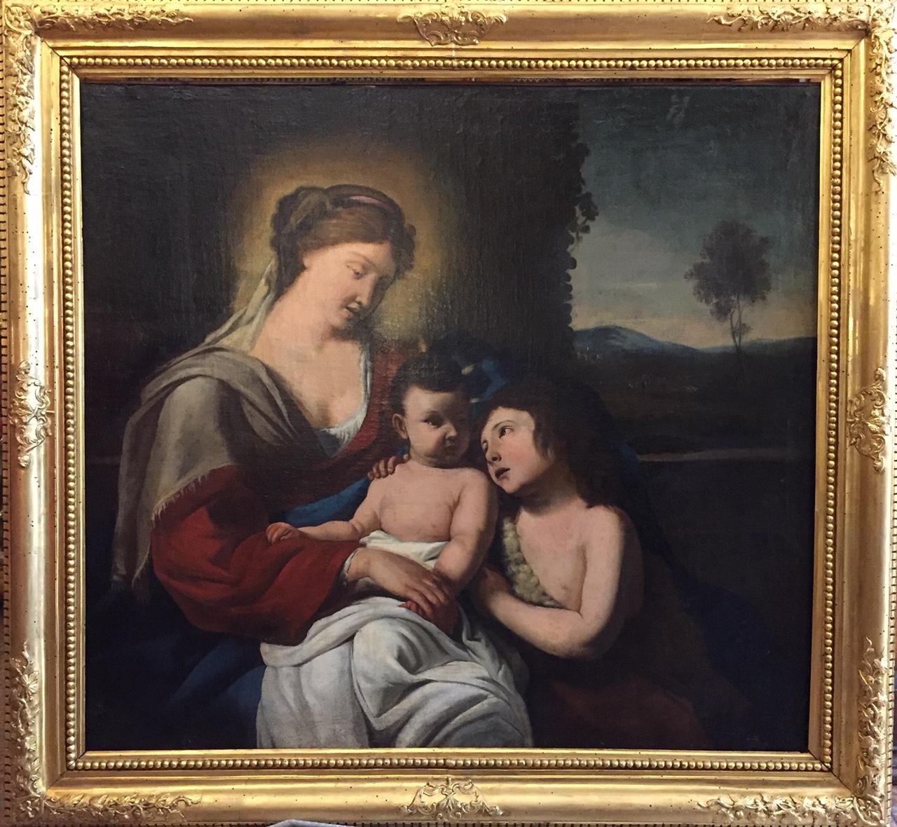 Baroque Madonna con Bambino e San Giovannino Dipinto Religioso Italiano 1650 circa For Sale