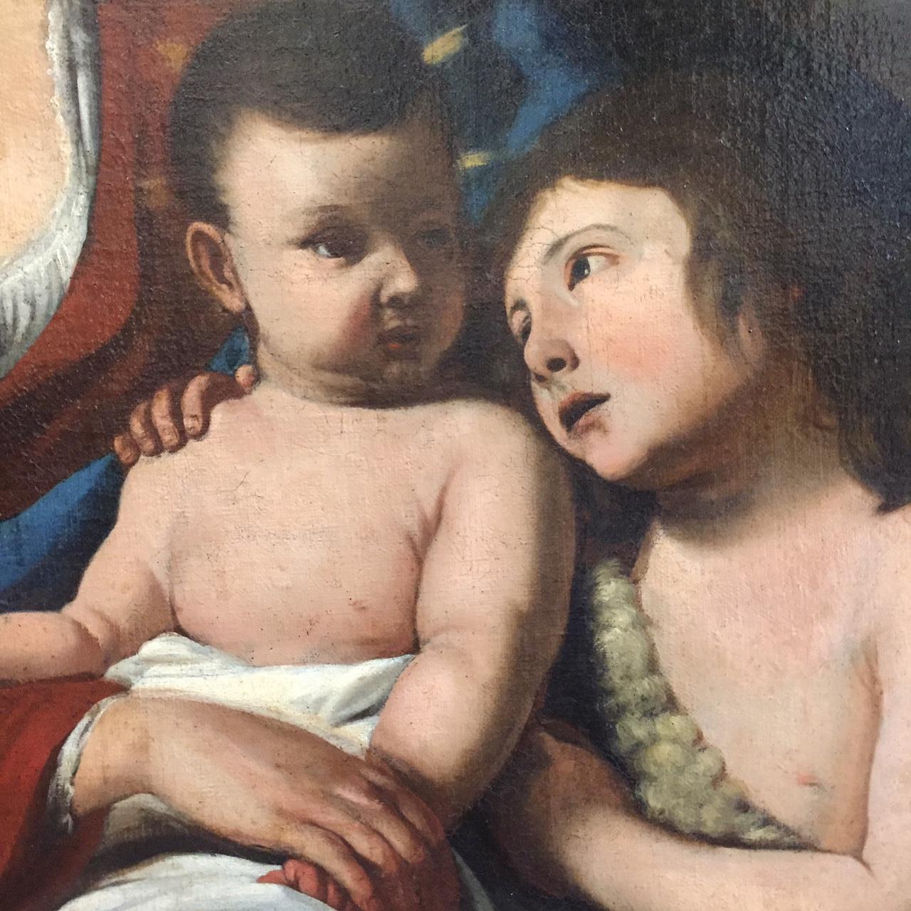 Madonna con Bambino e San Giovannino Dipinto Religioso Italiano 1650 circa In Good Condition For Sale In Milan, IT