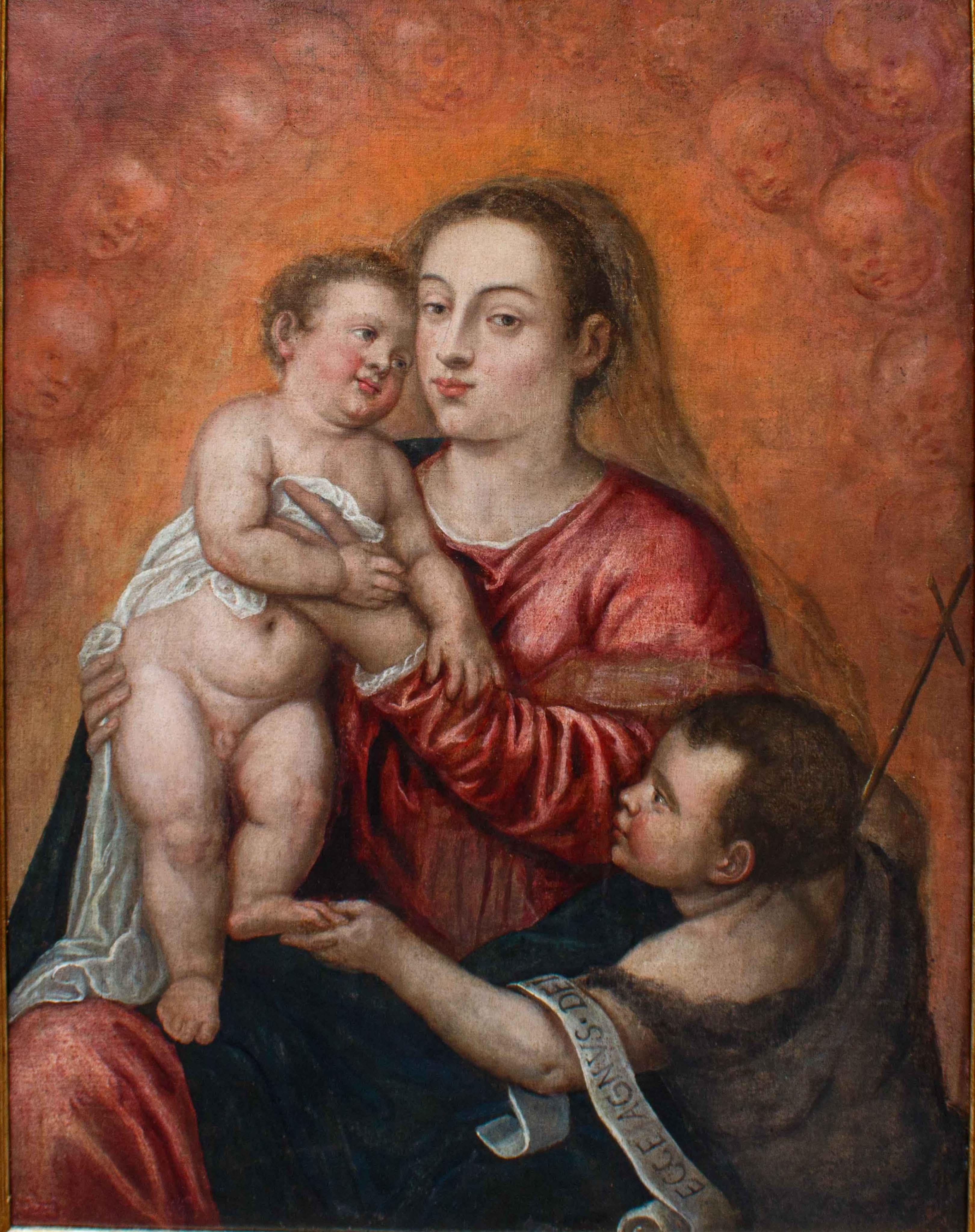 School of Titian, (Pieve di Cadore, 1488/1490 - Venice, 1576)

Madonna with Child and San Giovannino

Oil on canvas, 105 x 78 cm

The work under consideration depicts a half-figure of the Madonna holding the Child Jesus, who tenderly rests his head