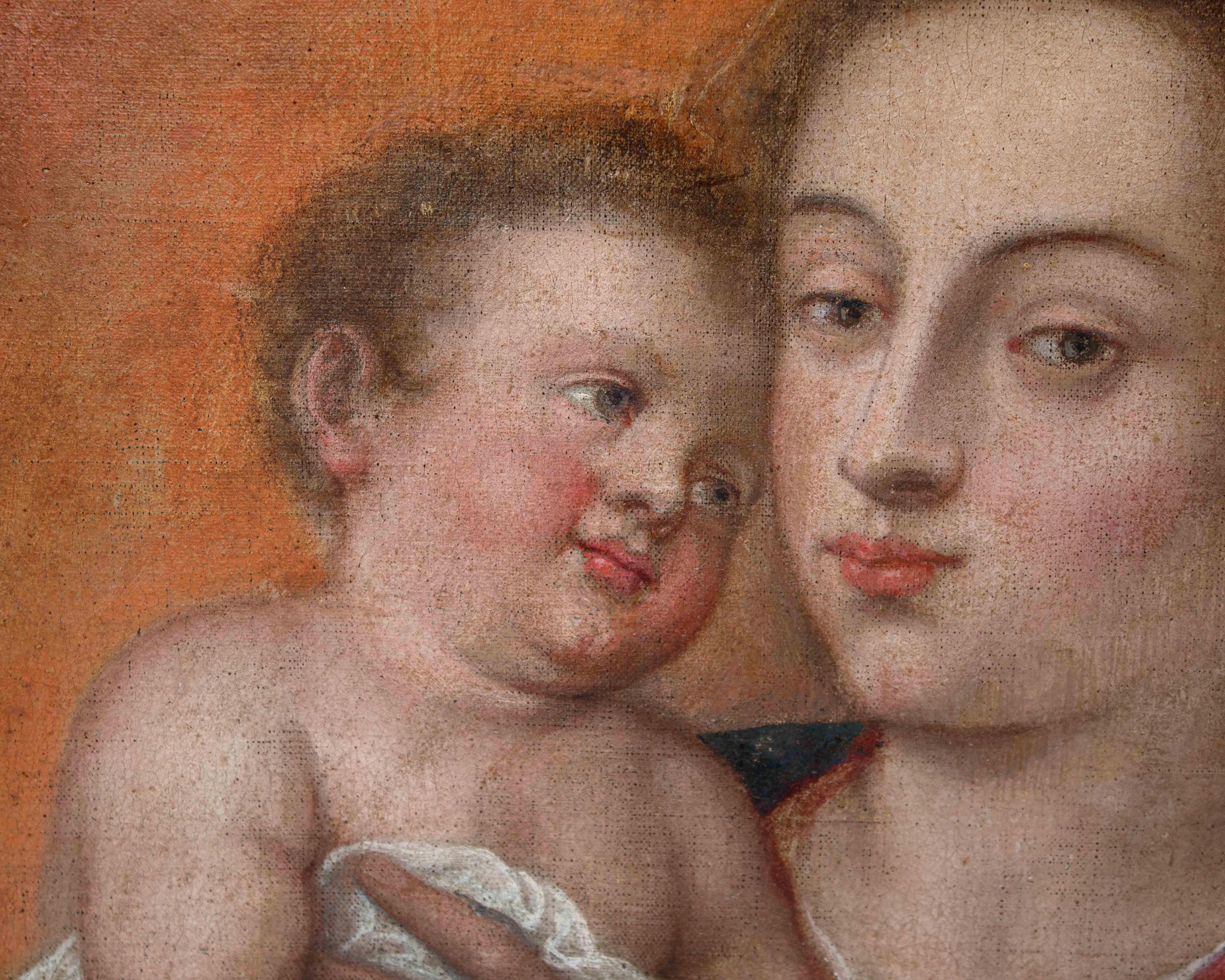 Madonna und Kind mit Johannes Öl auf Leinwand Schule von Tizian (Geölt) im Angebot