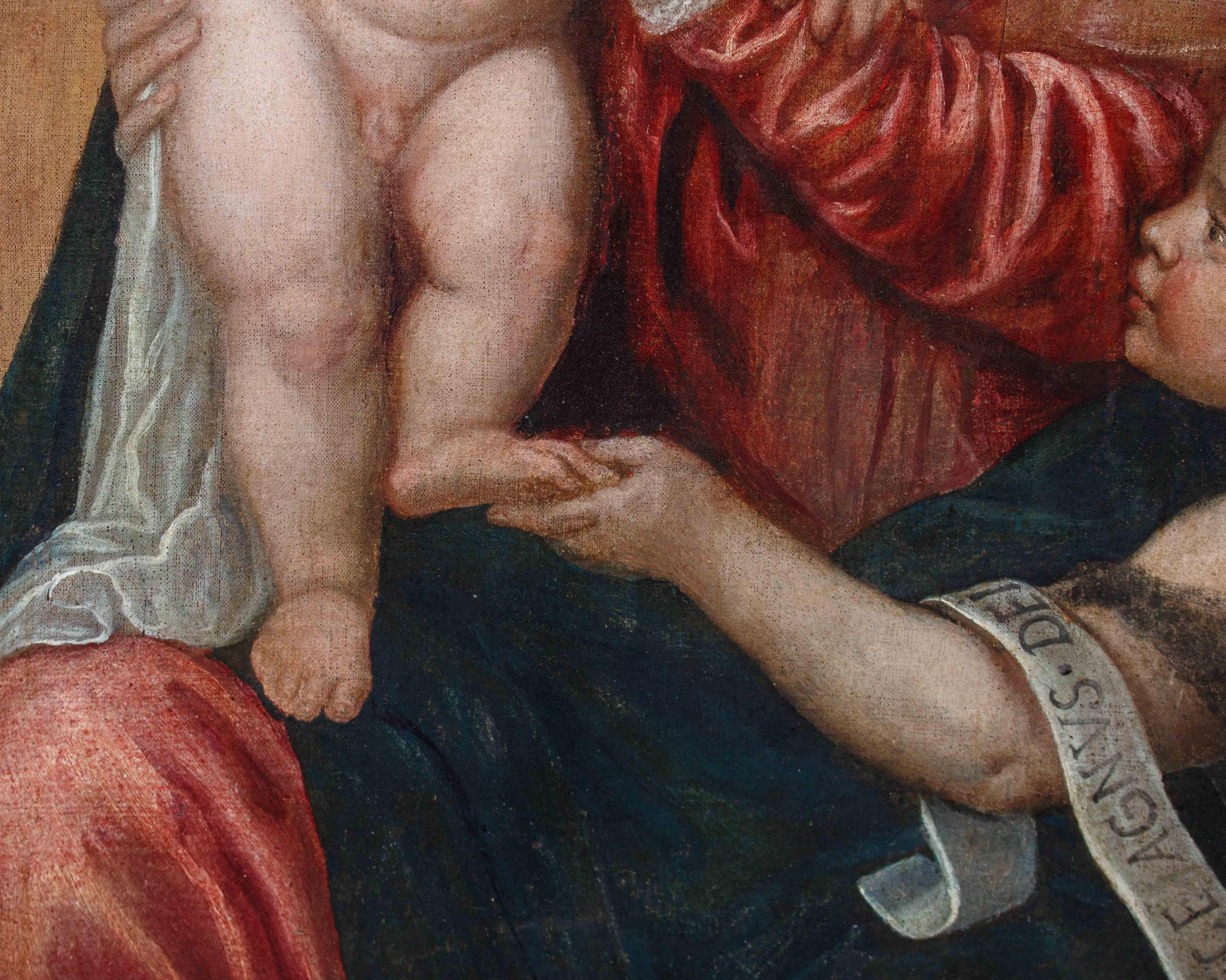 Madonna und Kind mit Johannes Öl auf Leinwand Schule von Tizian im Zustand „Gut“ im Angebot in Milan, IT