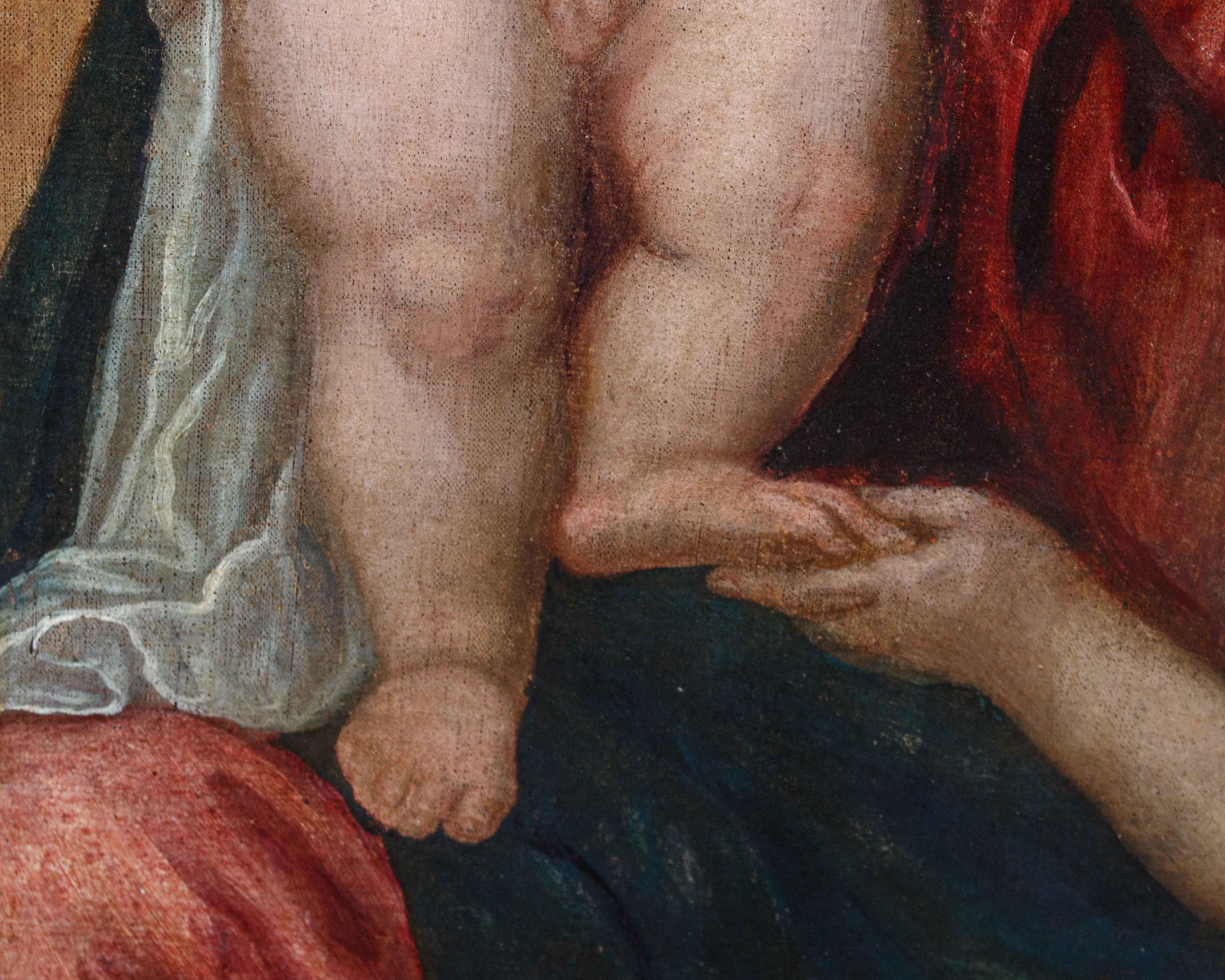 Madonna und Kind mit Johannes Öl auf Leinwand Schule von Tizian im Angebot 1