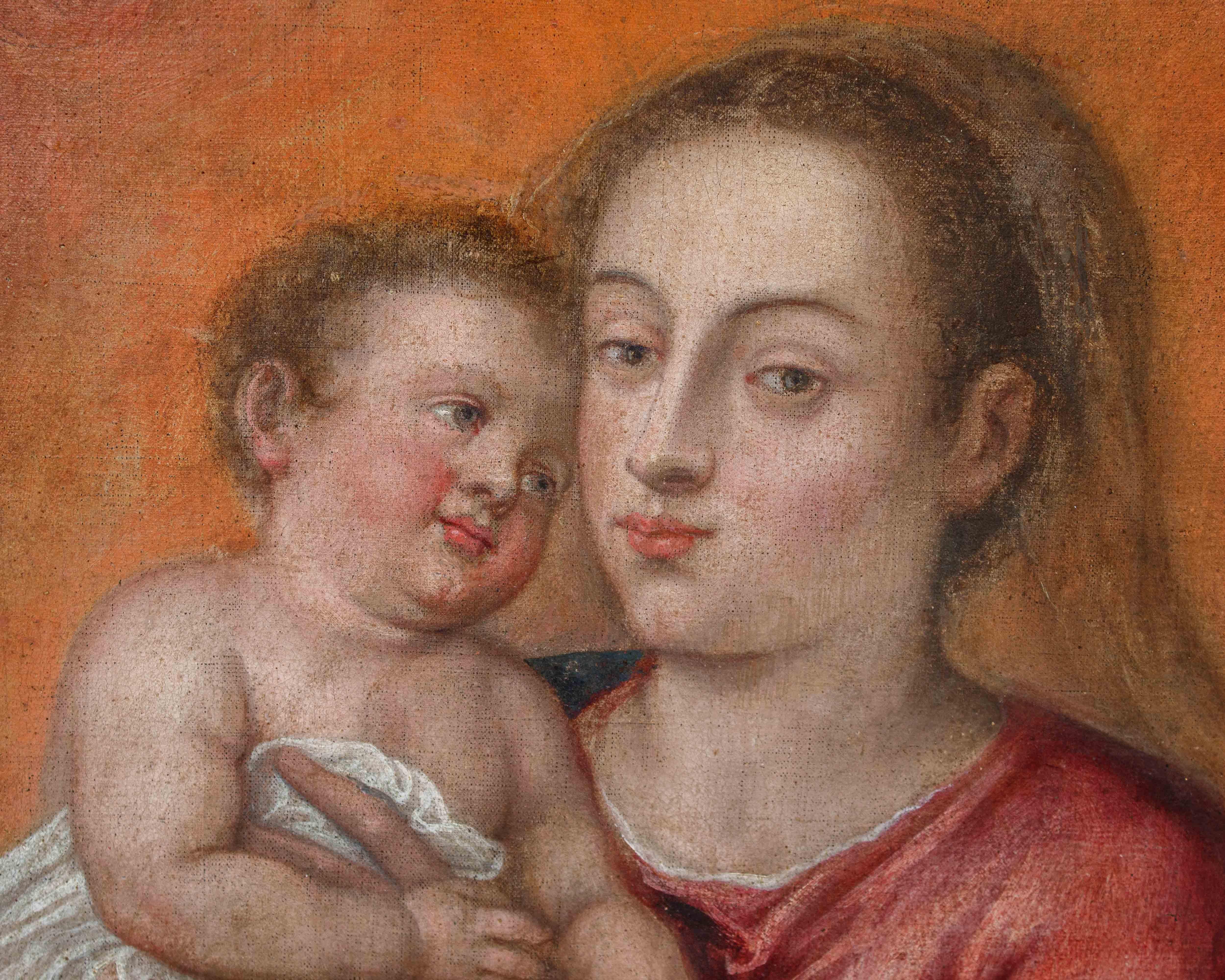 Madonna und Kind mit Johannes Öl auf Leinwand Schule von Tizian im Angebot 2