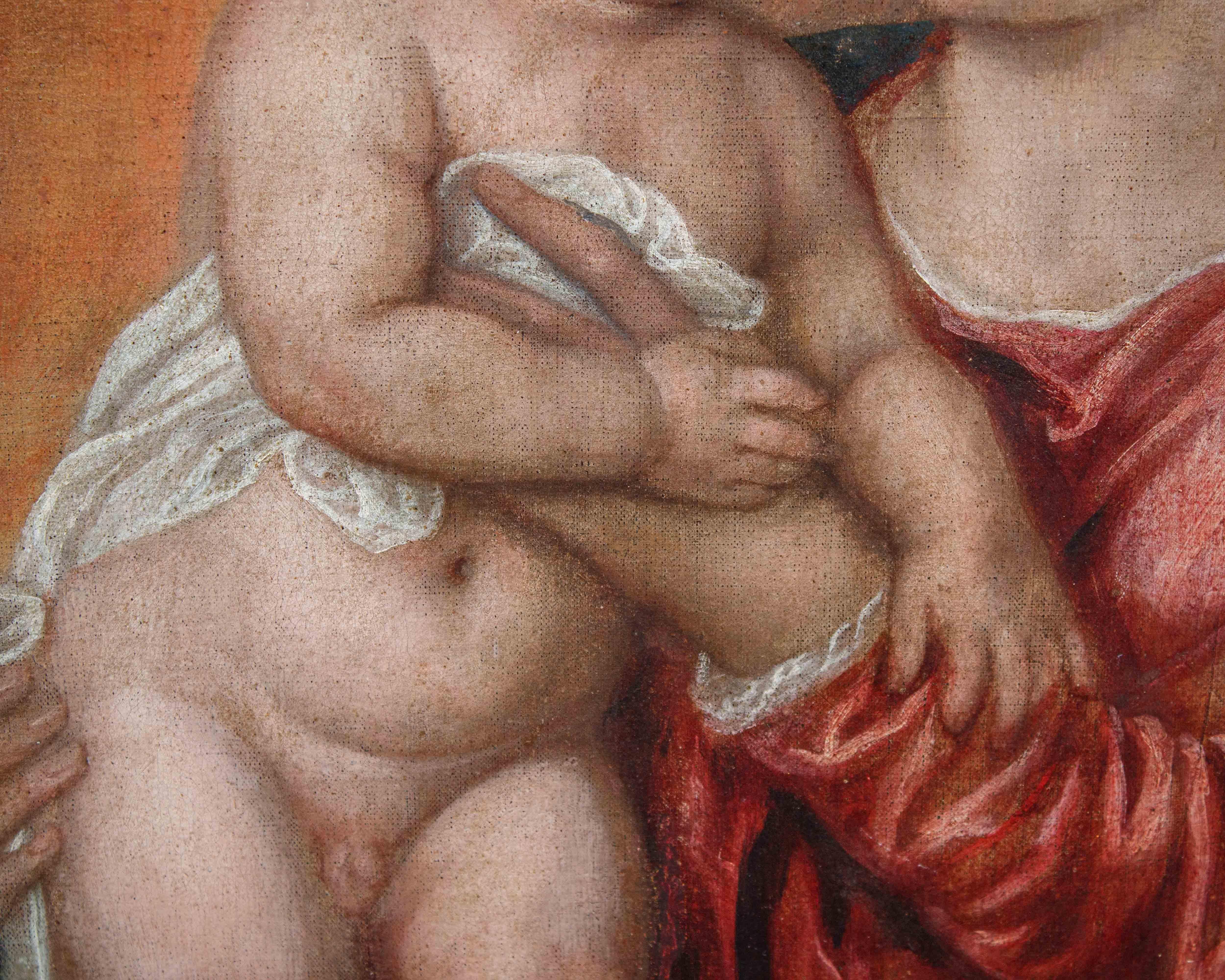 Madonna und Kind mit Johannes Öl auf Leinwand Schule von Tizian im Angebot 3