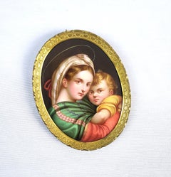 Madonna de la Media after Rafael Antique Framed Portrait on Porcelain