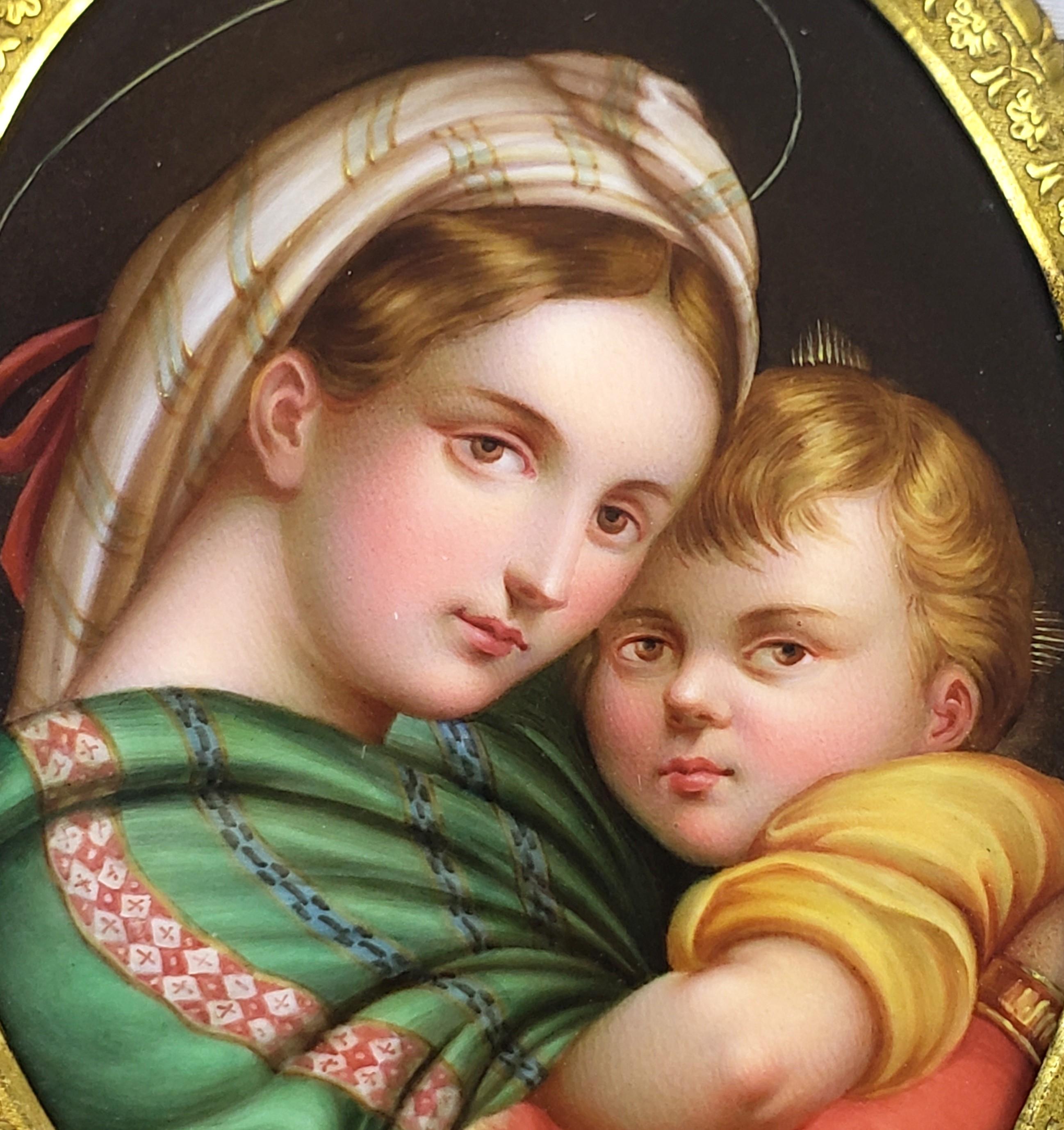 Madonna de la Media nach Rafael, antikes gerahmtes Porträt auf Porzellan (Handbemalt) im Angebot