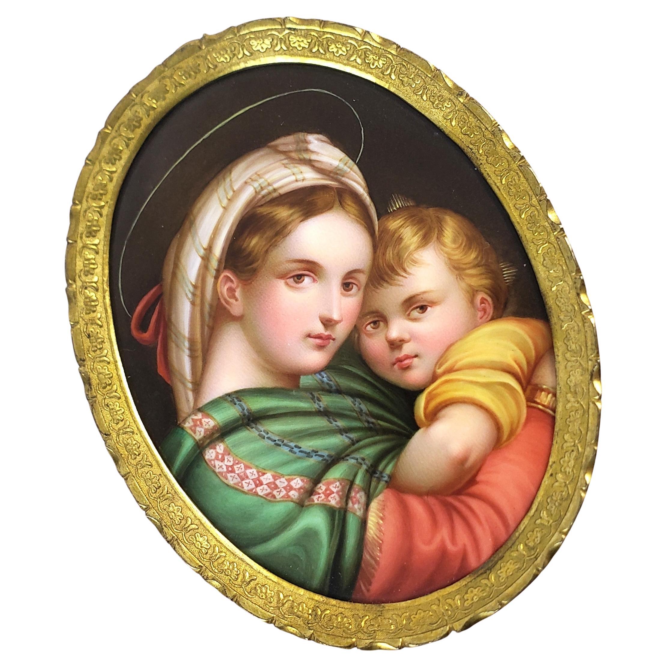 Madonna de la Media after Rafael Antique Framed Portrait on Porcelain