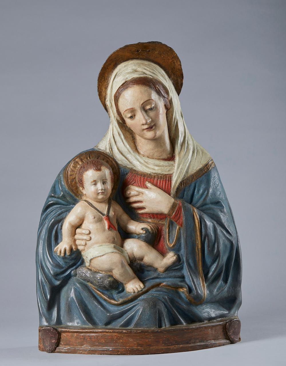 Fait main Vierge au lait, relief en stuc polychrome, Florence, XVIe siècle en vente