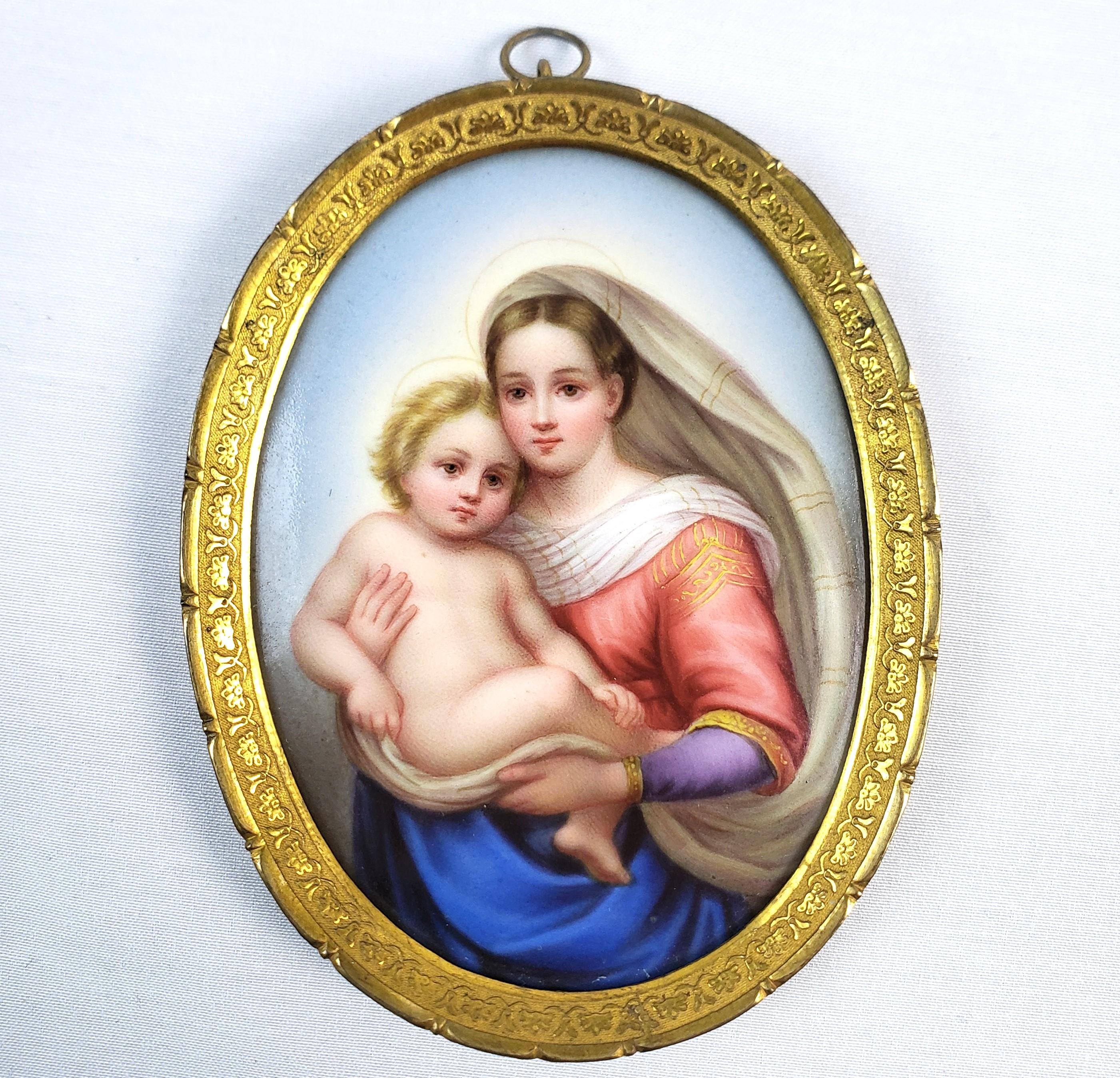 Renaissance Madonna Della Sedia Antique Framed Hand-Painted Portrait on Porcelain For Sale