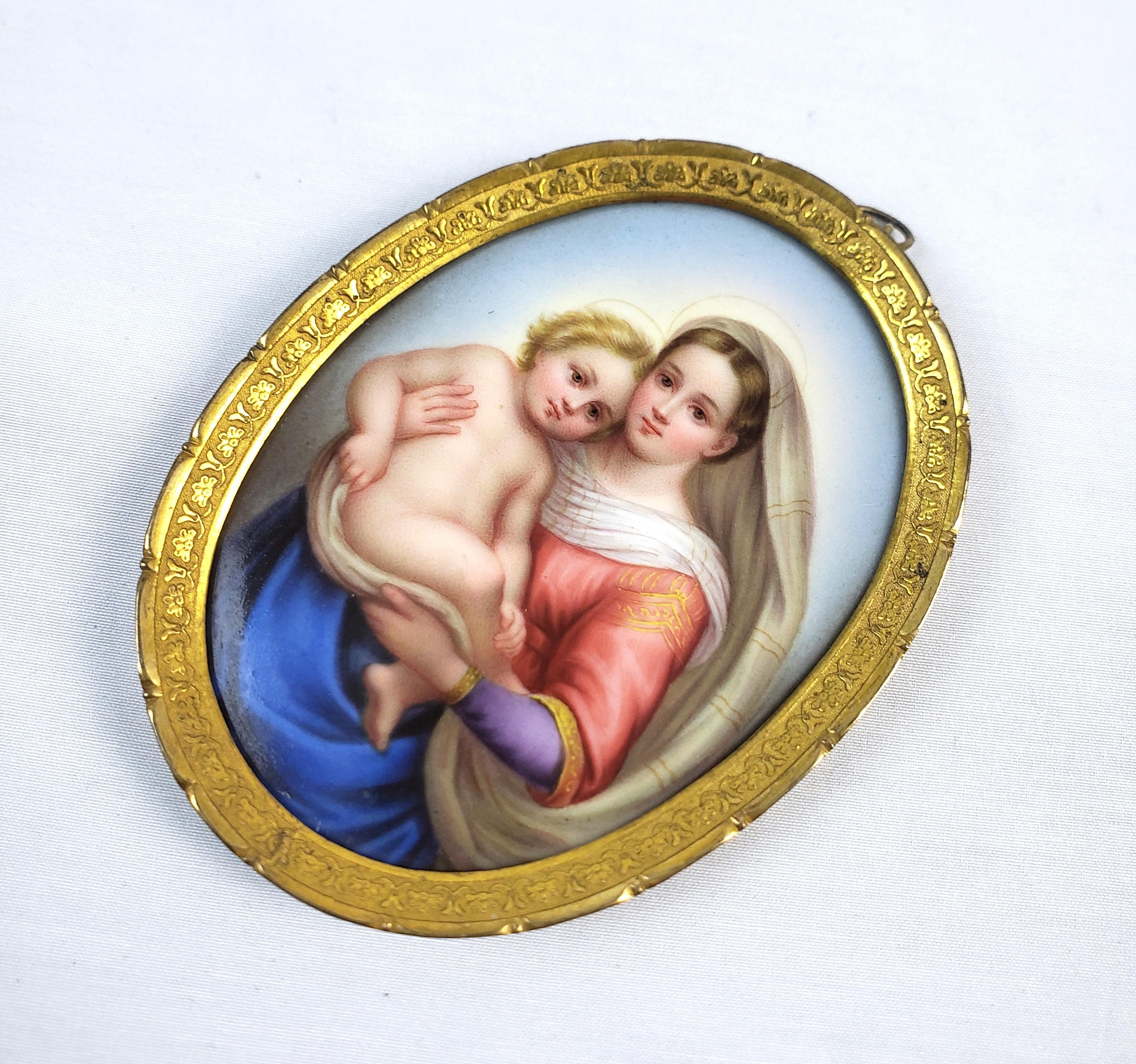 Italian Madonna Della Sedia Antique Framed Hand-Painted Portrait on Porcelain For Sale