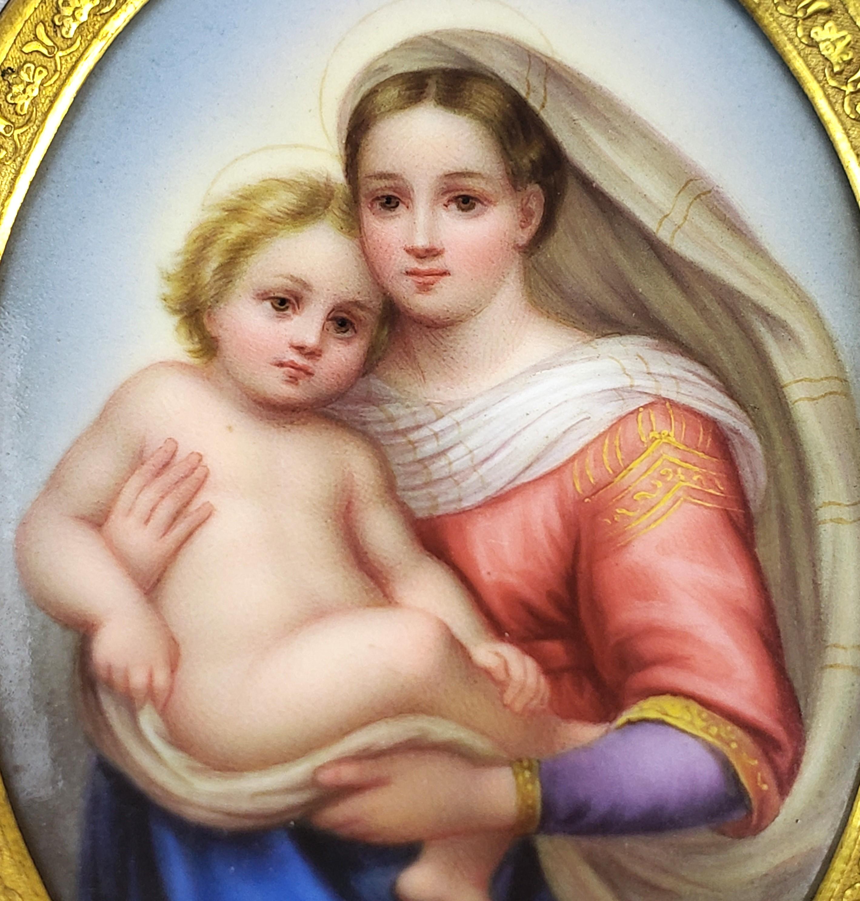 Madonna Della Sedia Antique Framed Hand-Painted Portrait on Porcelain In Good Condition For Sale In Hamilton, Ontario
