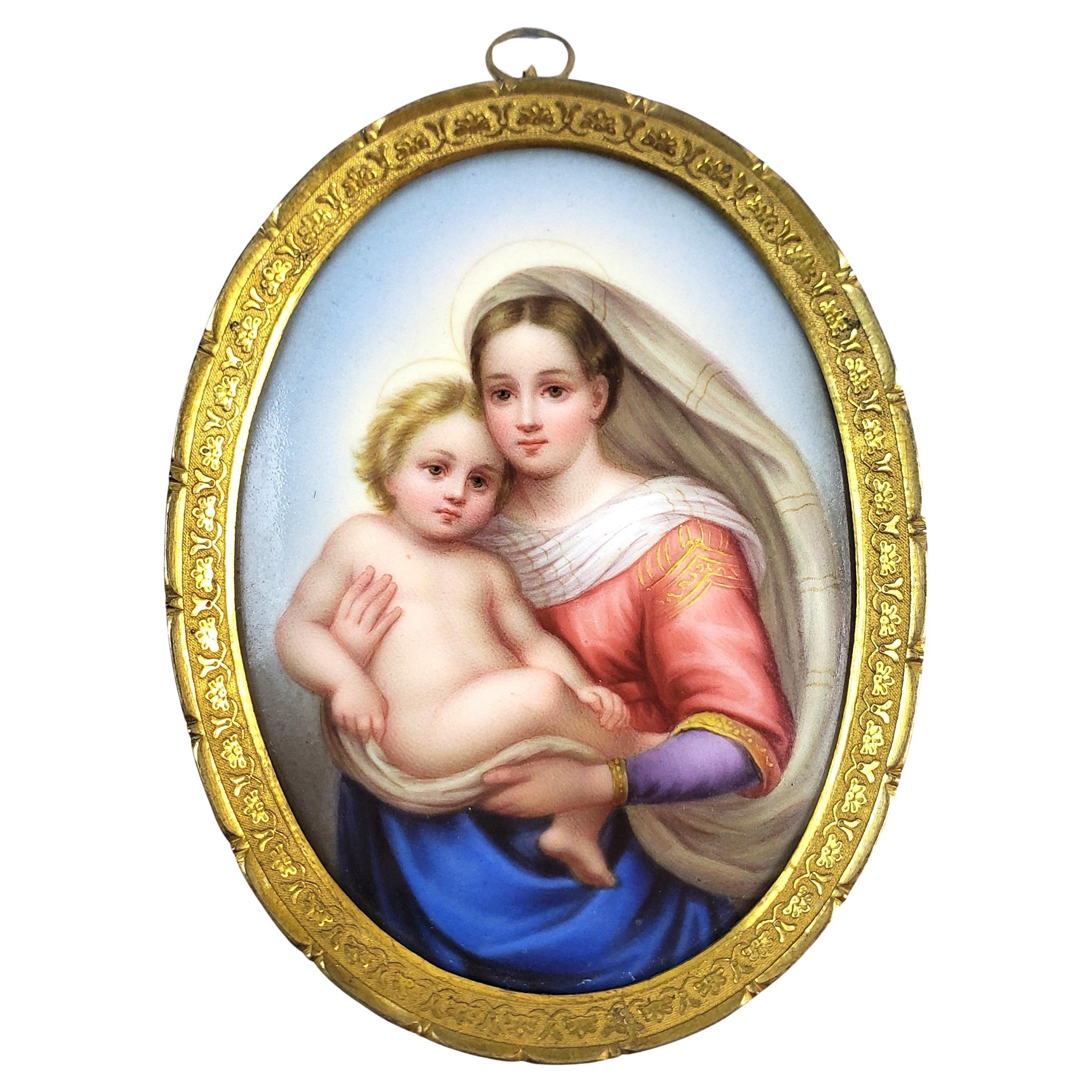 Madonna Della Sedia Antique Framed Hand-Painted Portrait on Porcelain For Sale