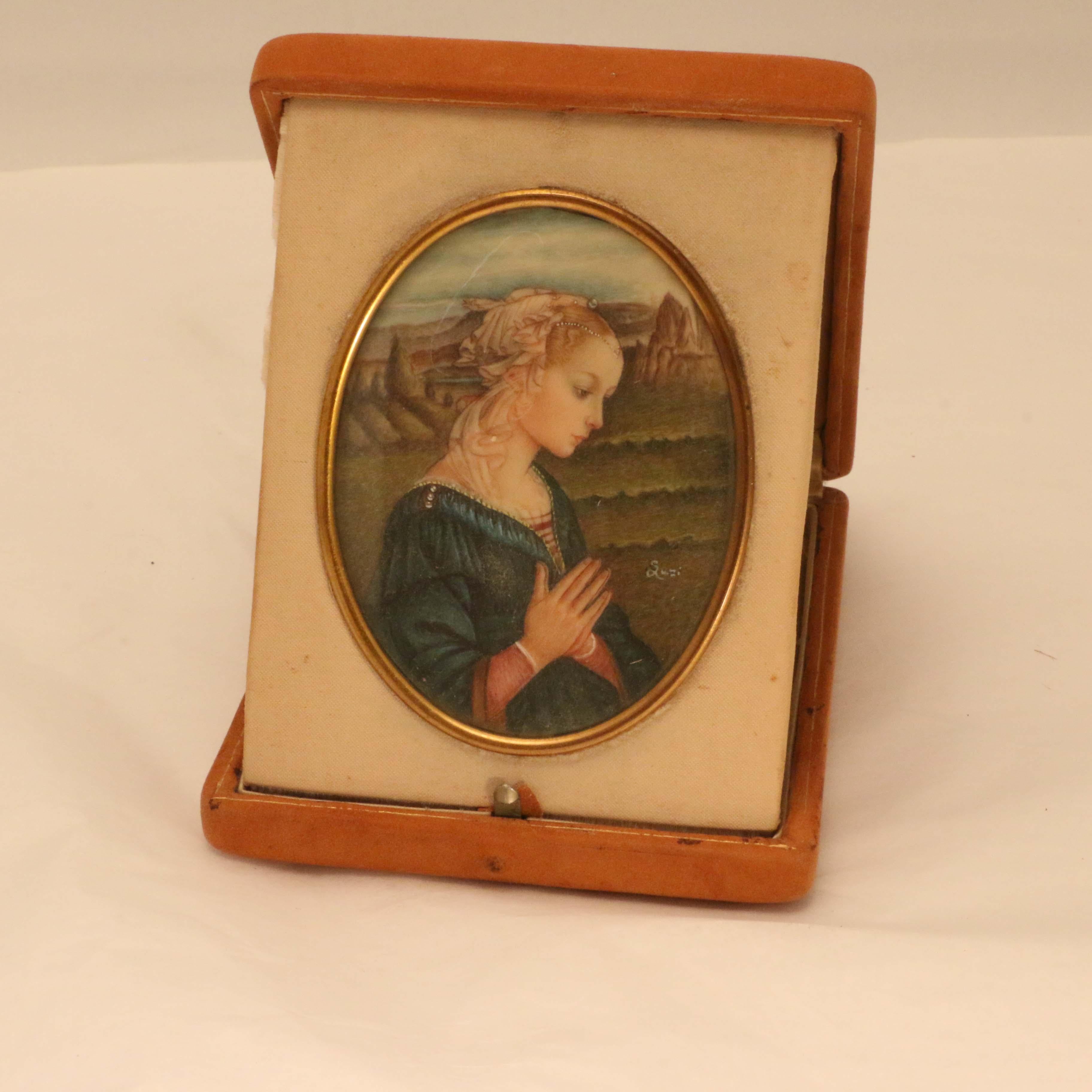 The miniature is a copy of the famous work by Fra Lippi. The artist captures the beauty and stillness of the young Madonna so successfully rendered in the original. Judging by the case we suggest circa 1875 although the miniature may be older. It is