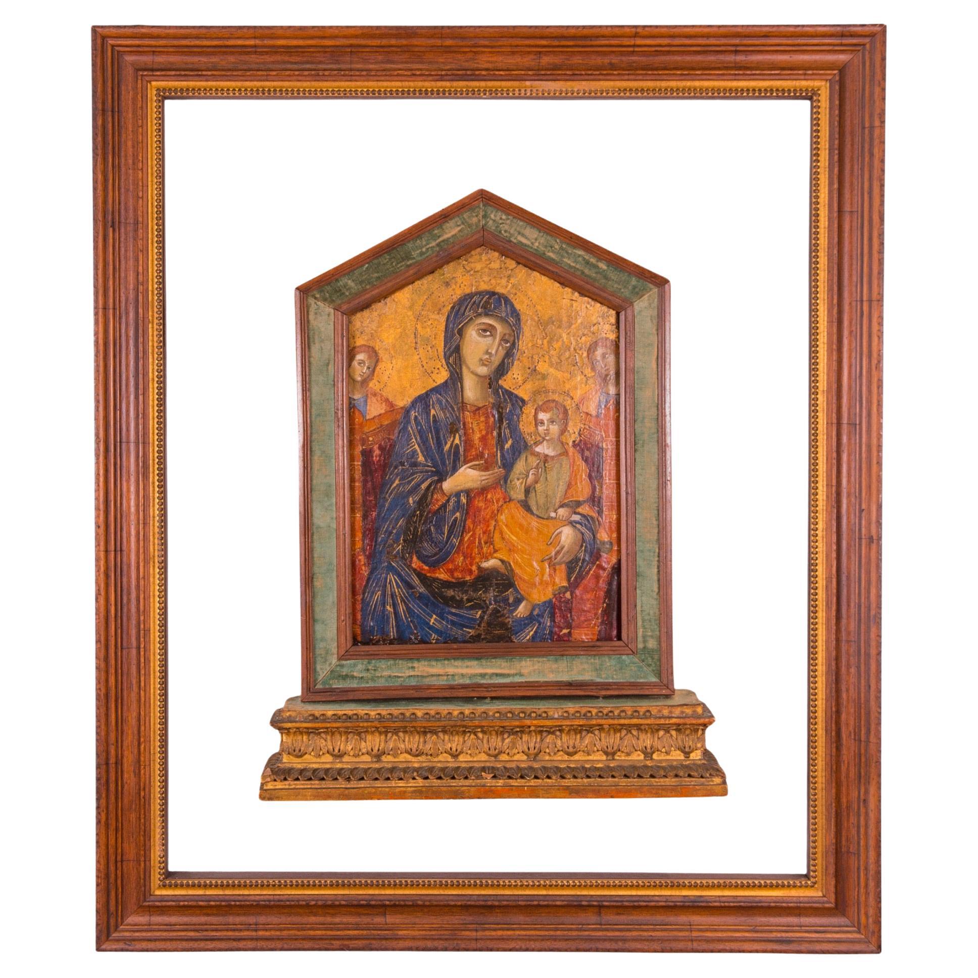 Madonna Enthroned with the Child Christ, 17th Century, Gold Gilded on Wood Panel For Sale
