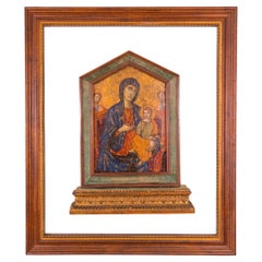 Antique Madonna Enthroned with the Child Christ, 17th Century, Gold Gilded on Wood Panel