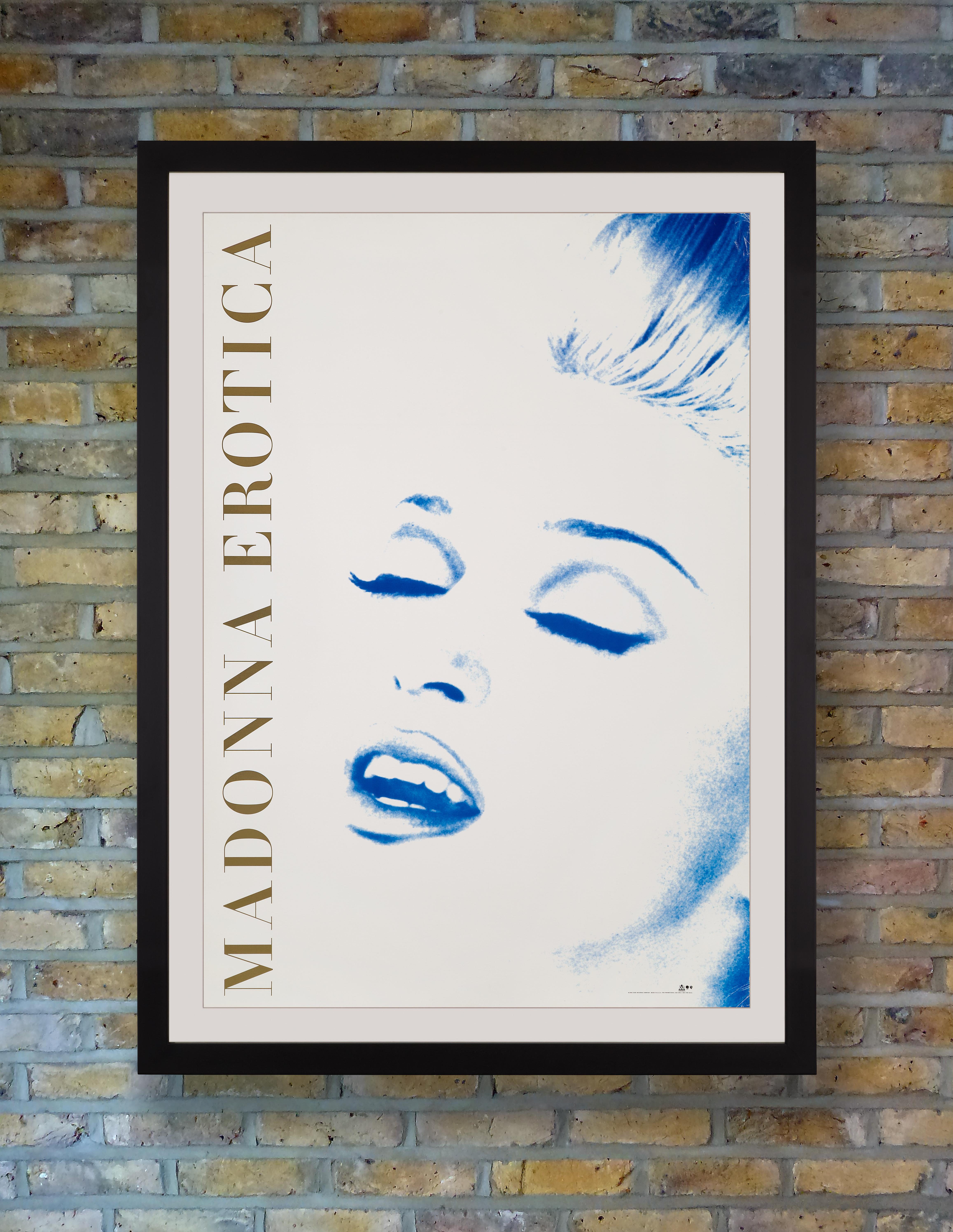 A Sire Records promotional poster for the October 1992 release of Madonna's fifth studio album 'Erotica,' a concept album about sex and romance, incorporating her alter ego Mistress Dita, inspired by actress Dita Parlo. The poster features the same