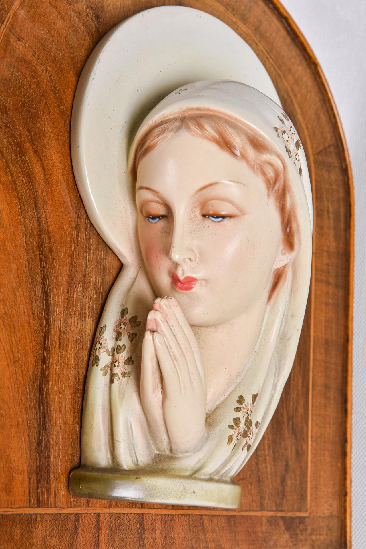 Hand-Painted Madonna in Ceramic Bas Relief on a Wooden Panel For Sale