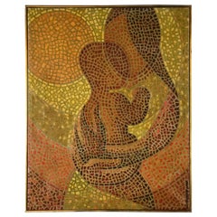 Vintage Madonna Mother 
Child Mosaic Painting by Olav Mathiesen, Oil on Canvas, 1963