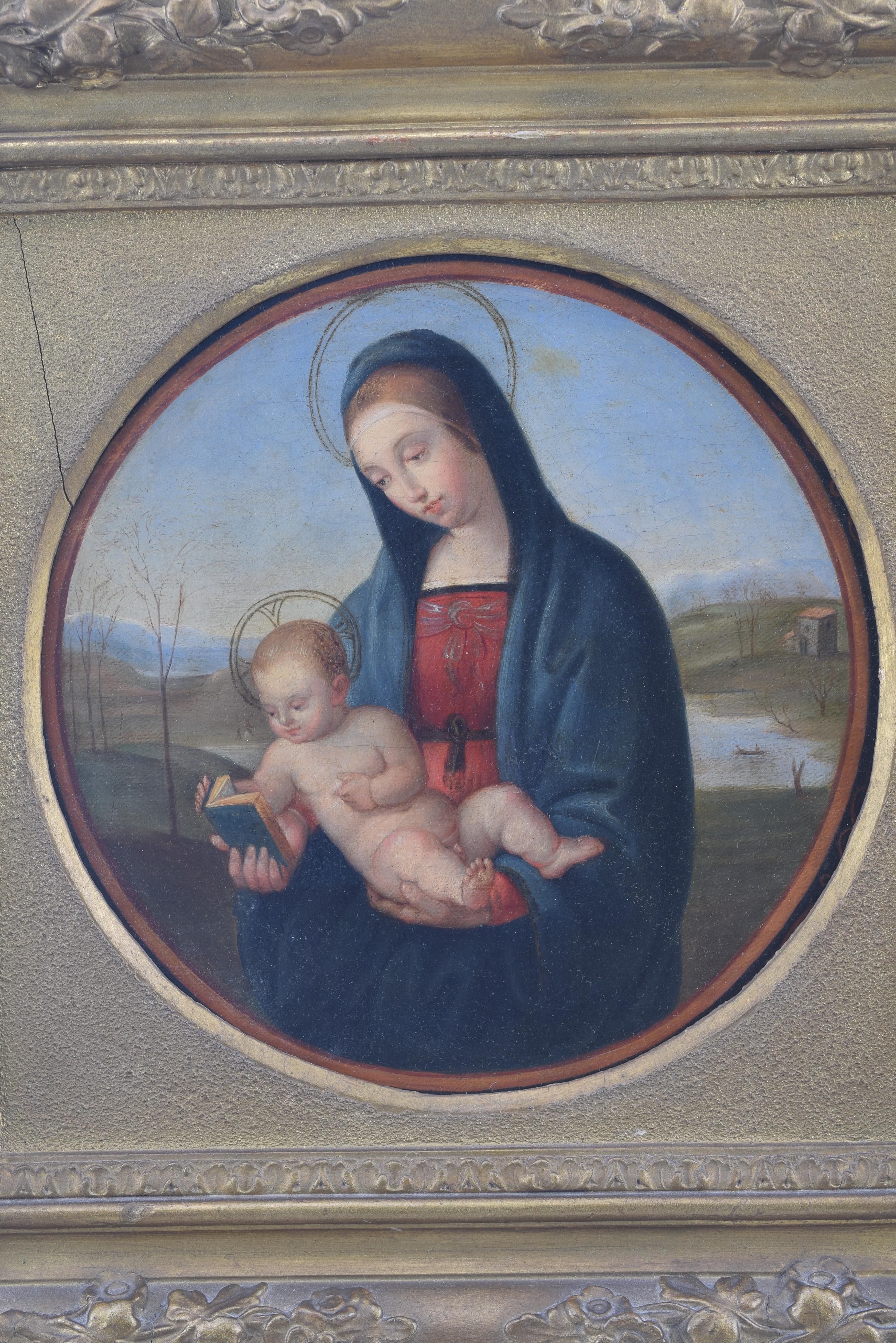 Vierge à l'enfant. Huile sur toile. XIXe siècle, d'après les modèles de SANZIO, Rafael (Urbino, 1433- Rome, 1520). 
Tableau encadré représentant la Nature avec l'Enfant dans les bras, tous deux tenant un livre, et situé sur un paysage naturel avec