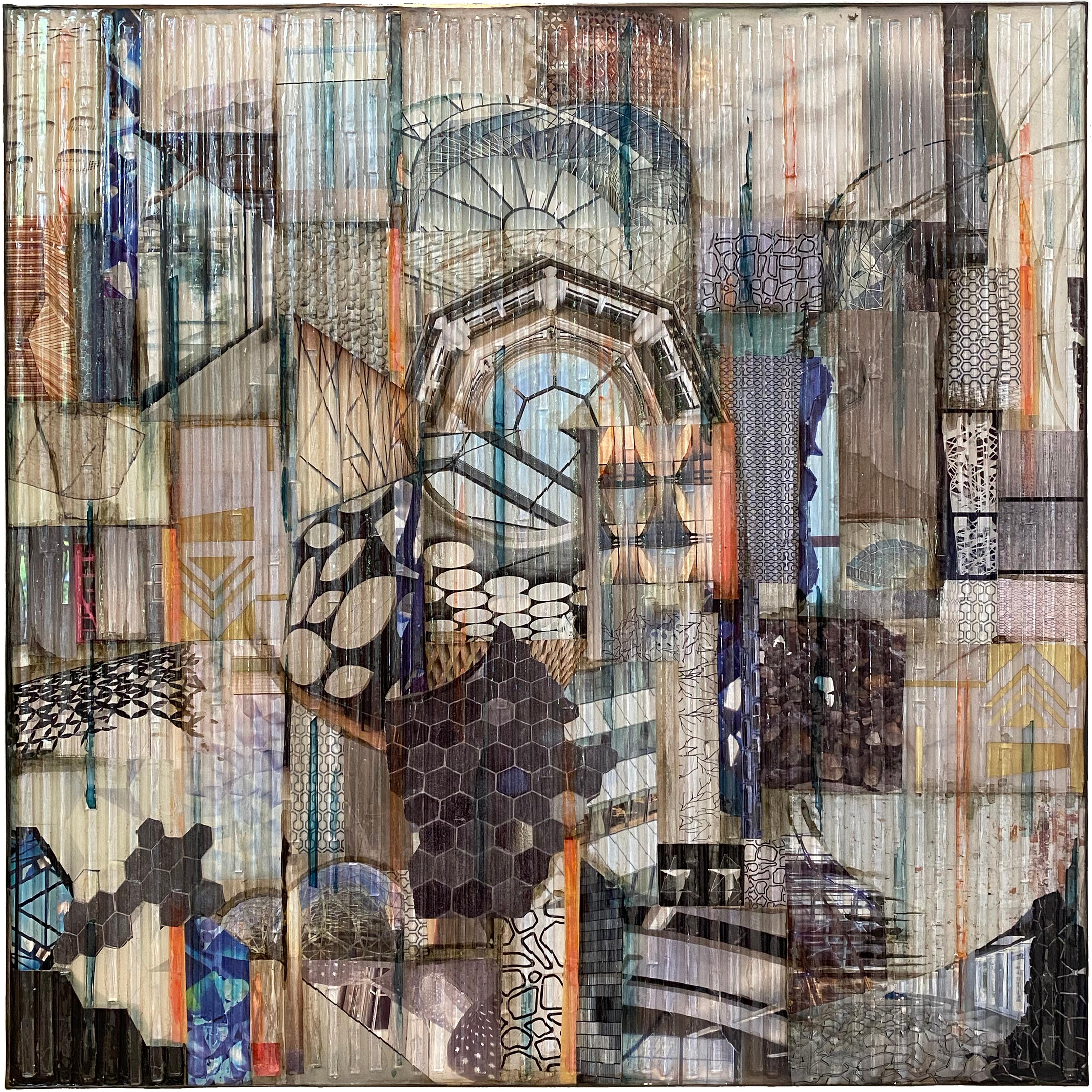 'Code & Form' Mixed Media Glass, Paint, Collage on Wood Panel Diptych - Contemporary Mixed Media Art by Madonna Phillips