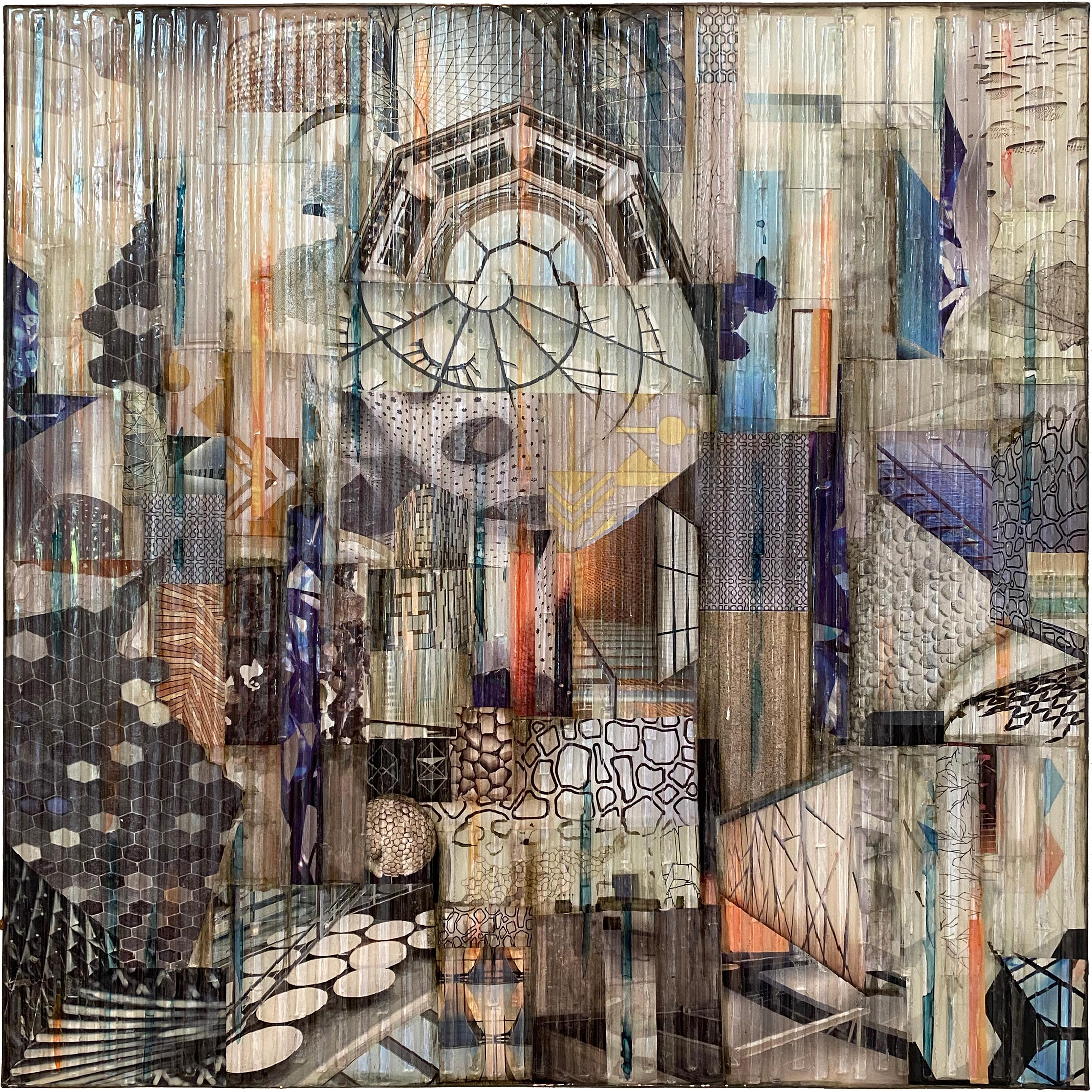 Code & Form is a mixed media piece consisting of two 24' x 24' panels. $3,450 per panel or $7,000 for the whole piece.
Madonna Phillip's  original art technique in glass and mixed media developed after studying with a master stained glass painter