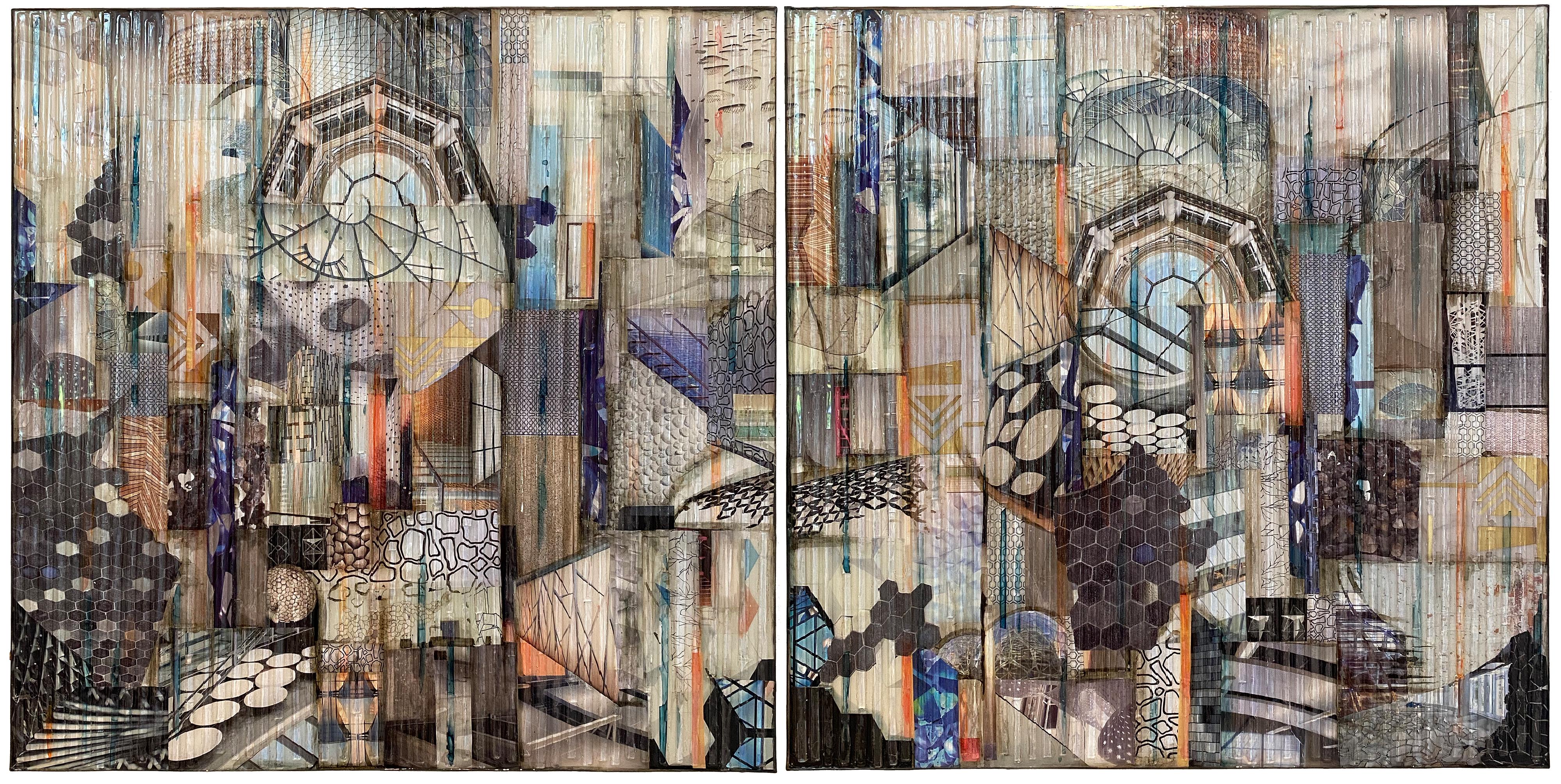 'Code & Form' Mixed Media Glass, Paint, Collage on Wood Panel Diptych - Mixed Media Art by Madonna Phillips
