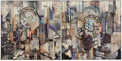 'Code & Form' Mixed Media Glass, Paint, Collage on Wood Panel Diptych