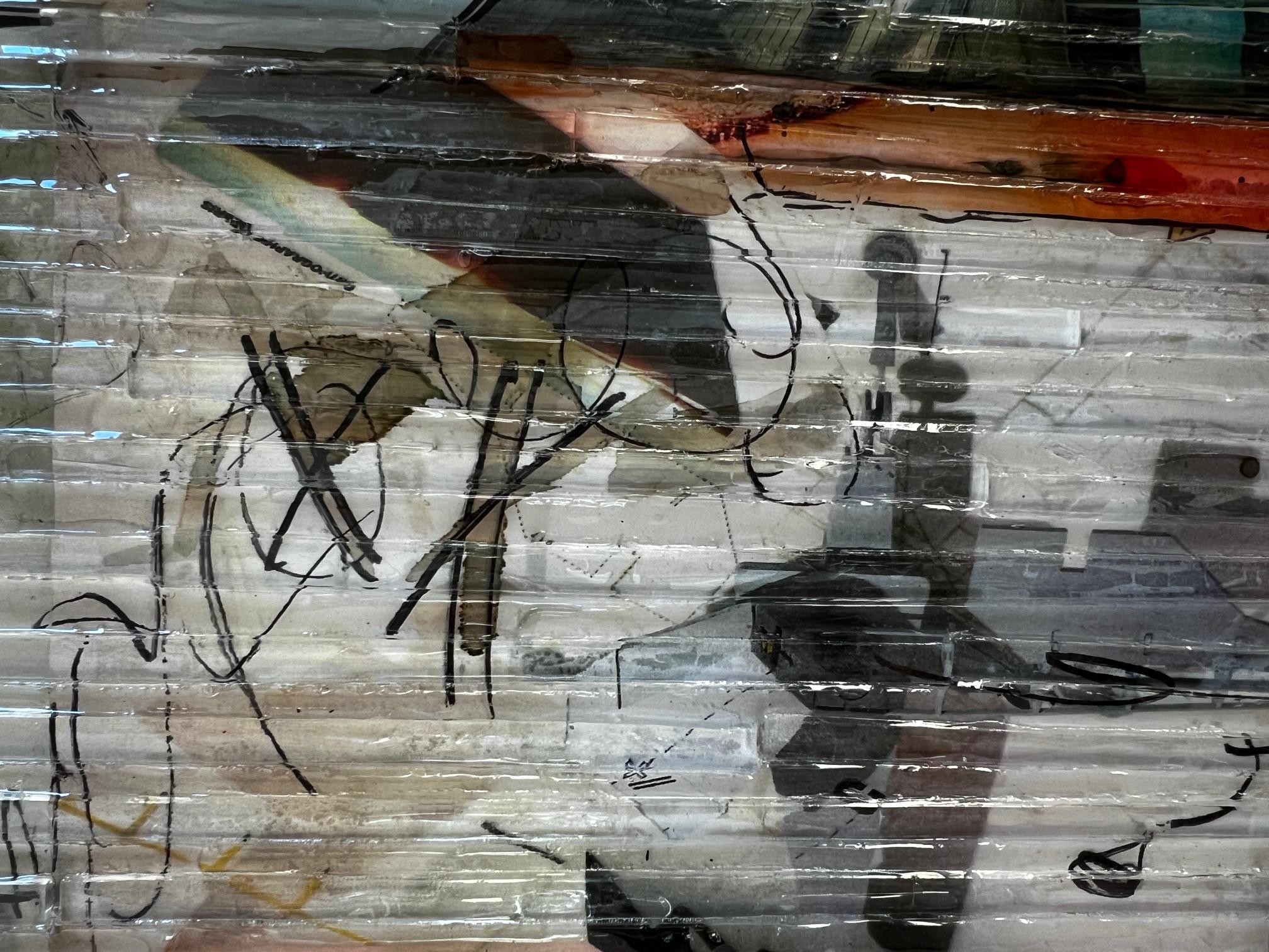 My work is influenced by my background as a stained glass painter and cartoon creator for Stained Glass Assoc. in NC. This experience led to a personal original technique of collage and hand cut pieces of glass attached to the surface by pouring